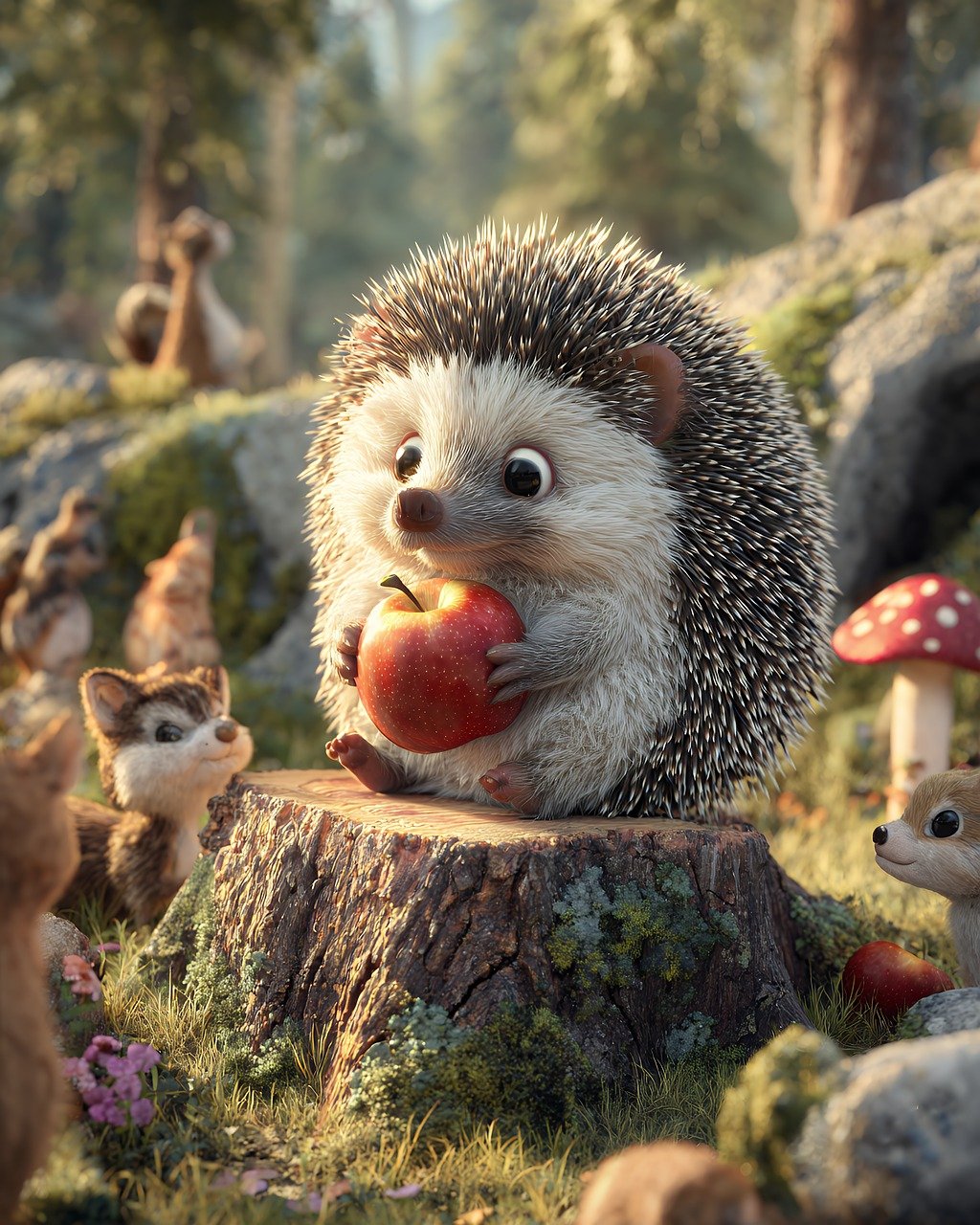 hedgehog, apple, forest, 3d, render, digital, cute, fantasy, animal, nature, woodland, character, furry, spiky, fruit, food, magical, enchanted, artistic, creature, detail, photorealistic, cgi, blender, ai generated