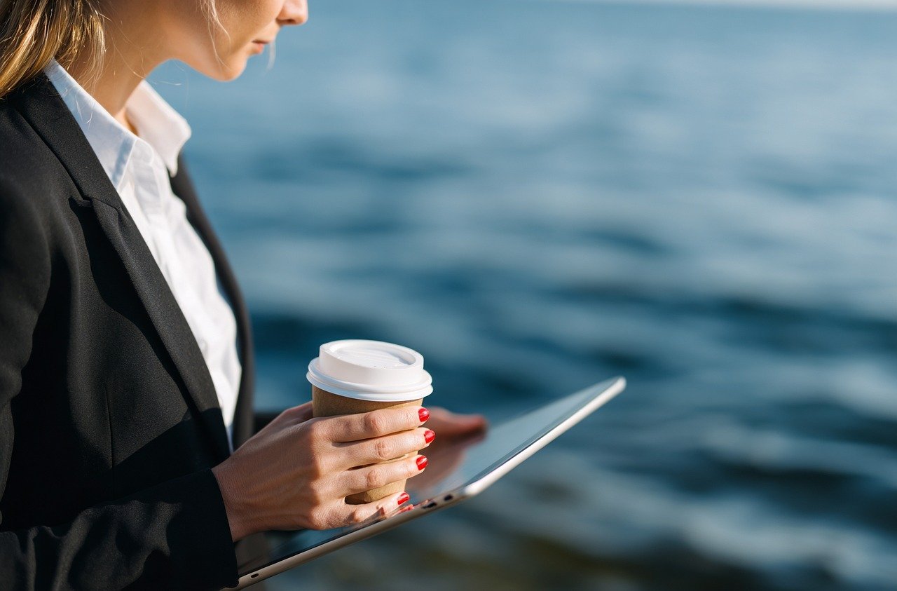 ai generated, woman, tablet, computer, laptop, business, ipad, coffee