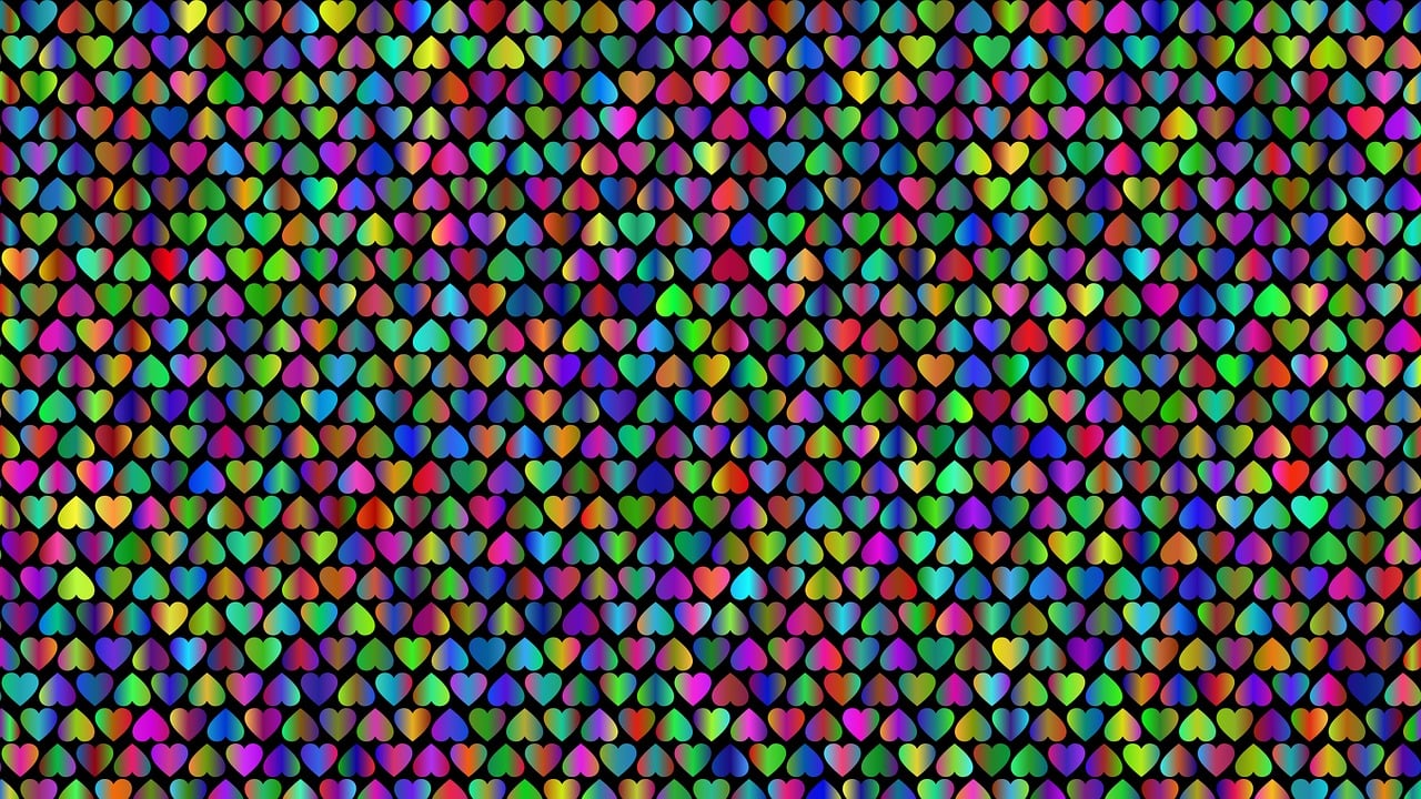 pattern, background, wallpaper, hearts, love, romance, passion, decorative, decoration, ornamental, colorful, prismatic, chromatic, rainbow, psychedelic