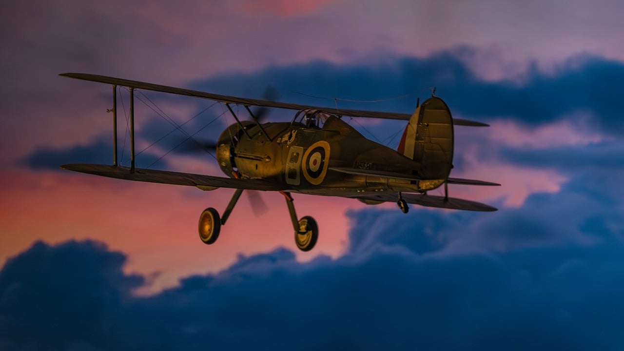 modelling, miniature, plastic, hobby, handcraft, revell, ww2, historical, military, nature, british, gloster, double decker, propeller, heaven, flying, eve, sunset, clouds, pilot, diorama