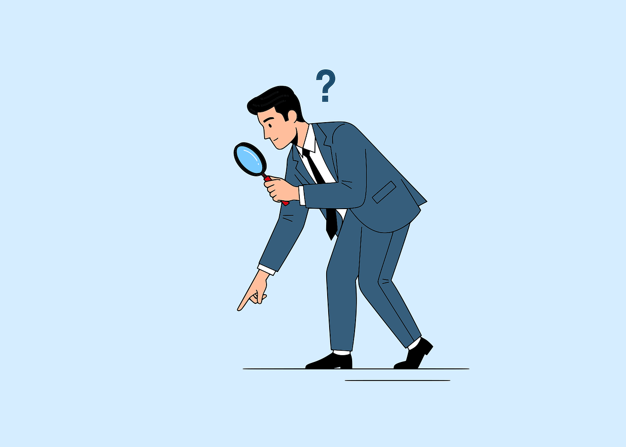 question, confusion, search, investigation, magnifying glass, man, business, suit, problem, solution, doubt, inquiry, detective, finding, looking, curiosity, exploring, discovery, uncertainty, cartoon