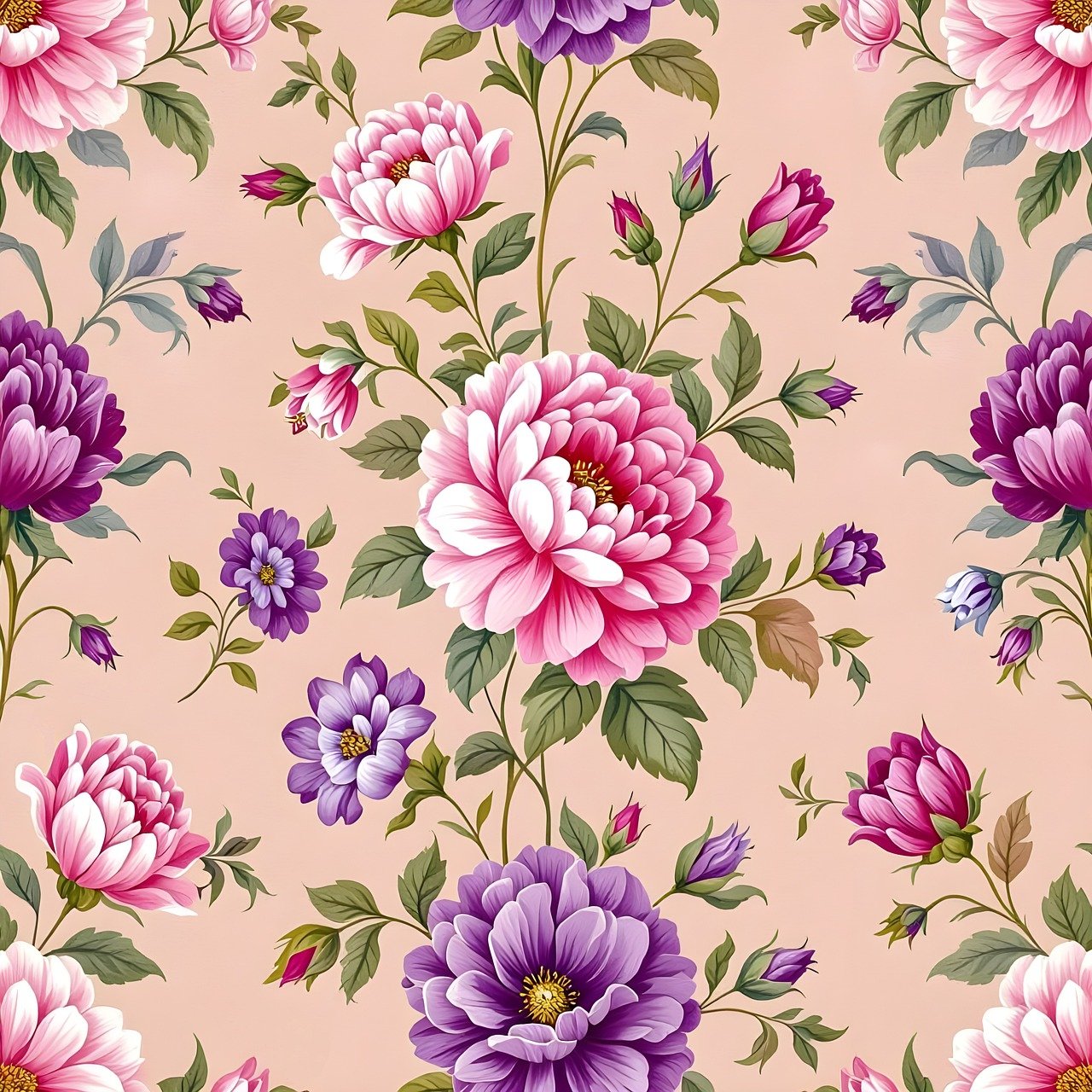 wallpaper, texture, pattern, flowers, nature, bloom, blossom, spring, petals, summer, purple, pink, gift wrap, packaging, decorative, vintage, retro, classic, scrapbooking, background, template, ai generated