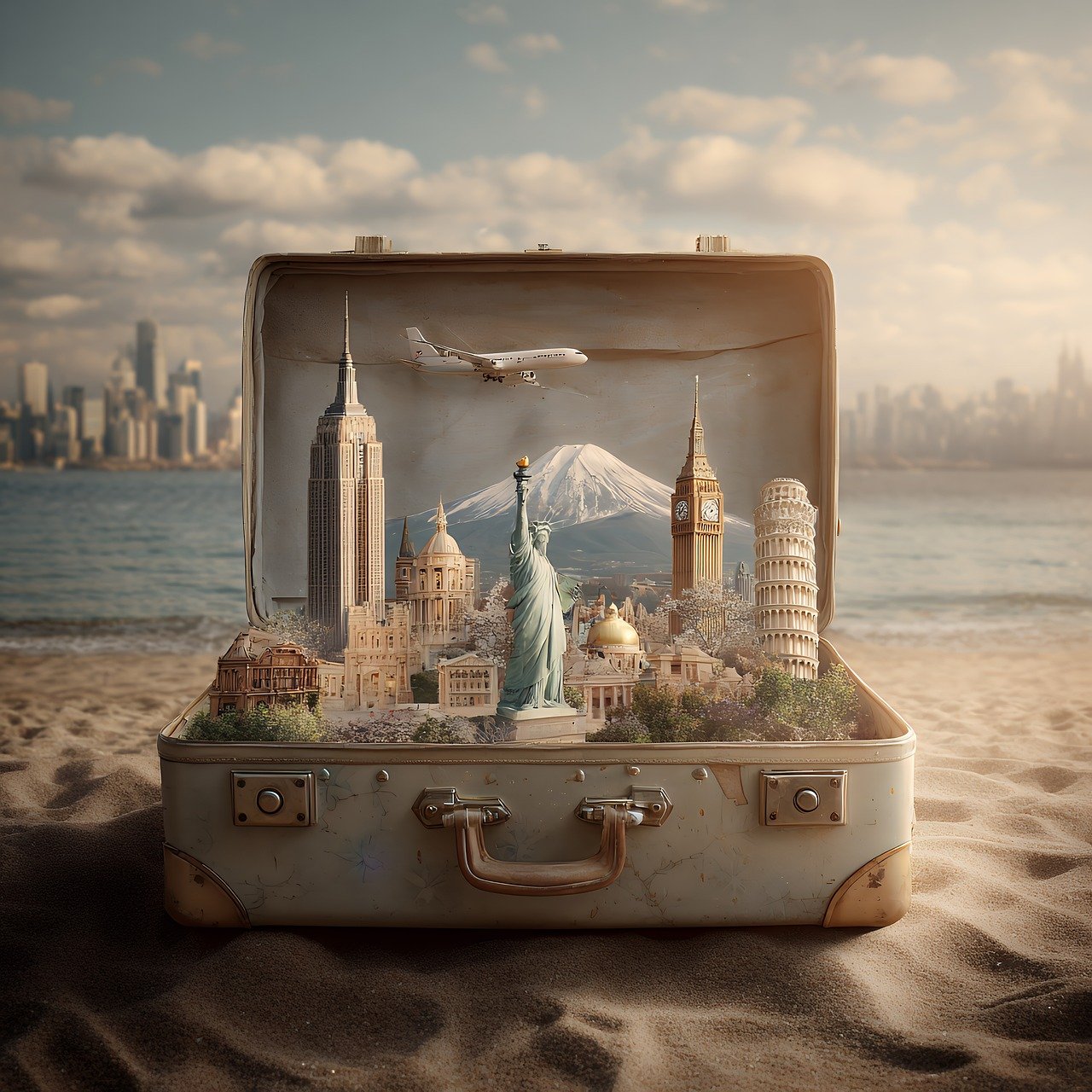 ai generated, suitcase, travel, surreal, fantasy, beach, sand, vintage, luggage, miniature, statue, liberty, nyc, skyline, cityscape, clouds, ocean, nature, composite, creative, artistic, freedom, journey, destination, wanderlust, dream