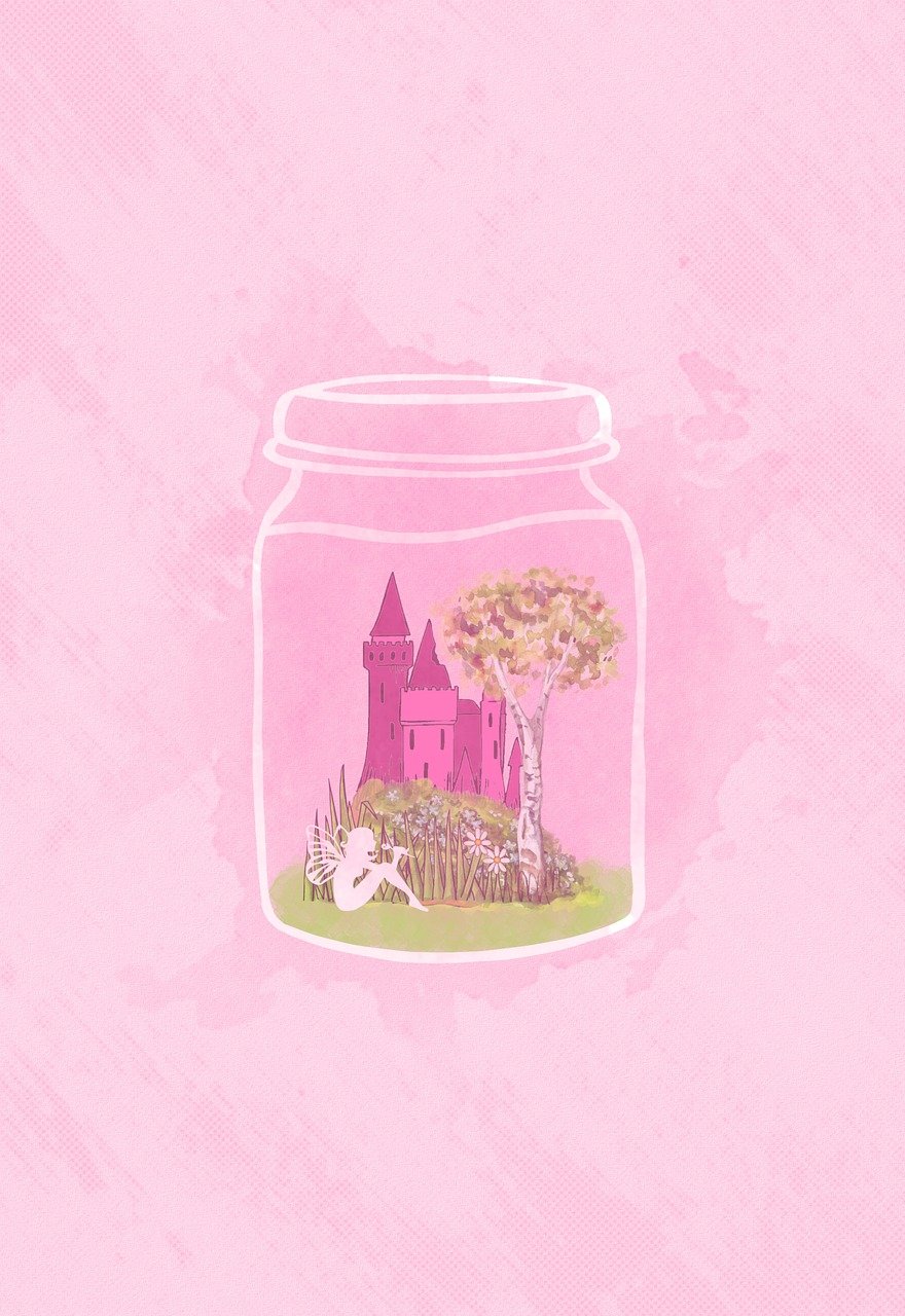 fairy, fantasy, magic, dream, mysterious, girl, woman, castle, architecture, building, tower, palace, idyllic, fairytale, kingdom, jar, captured, greeting card, copy space, pastel, pink