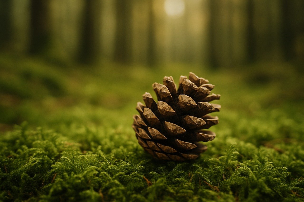ai generated, pinecone, moss, forest, background, nature