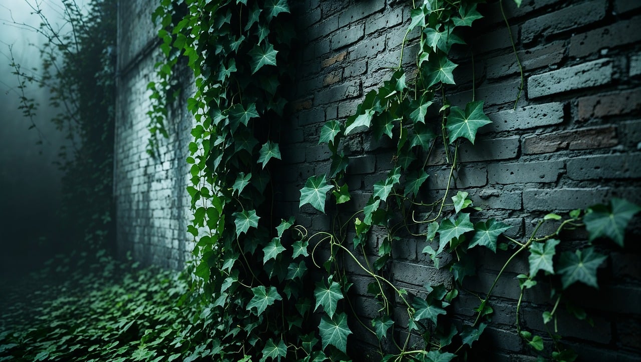 ivy, brick wall, overgrown, alley, urban, nature, green, leaves, climbing, texture, old, weathered, mysterious, dark, spooky, abandoned, growth, pattern, foliage, creeping, ai generated