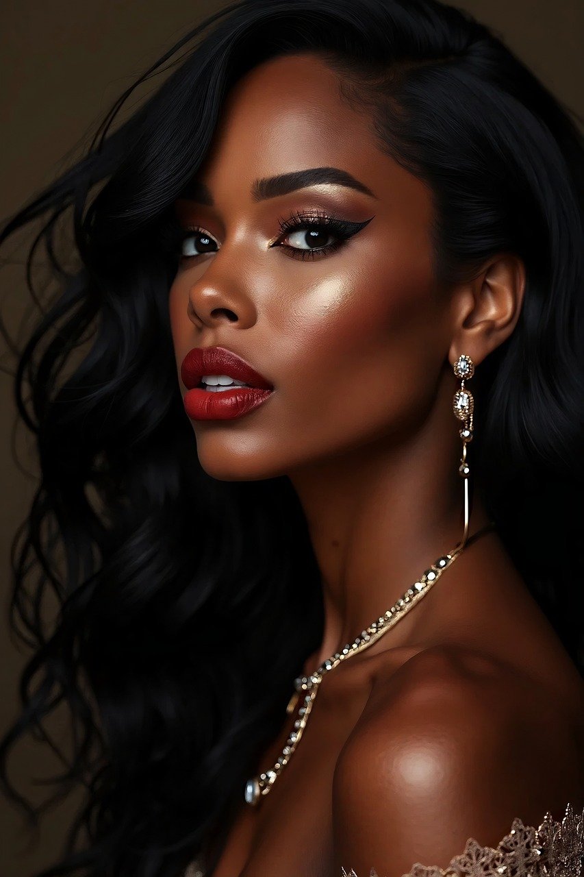 ai generated, woman, fashion, model, pose, posing, female, face, modeling, style, makeup, skin, hair, glamorous, elegant, hairstyle, cosmetics, necklace, lips, portrait