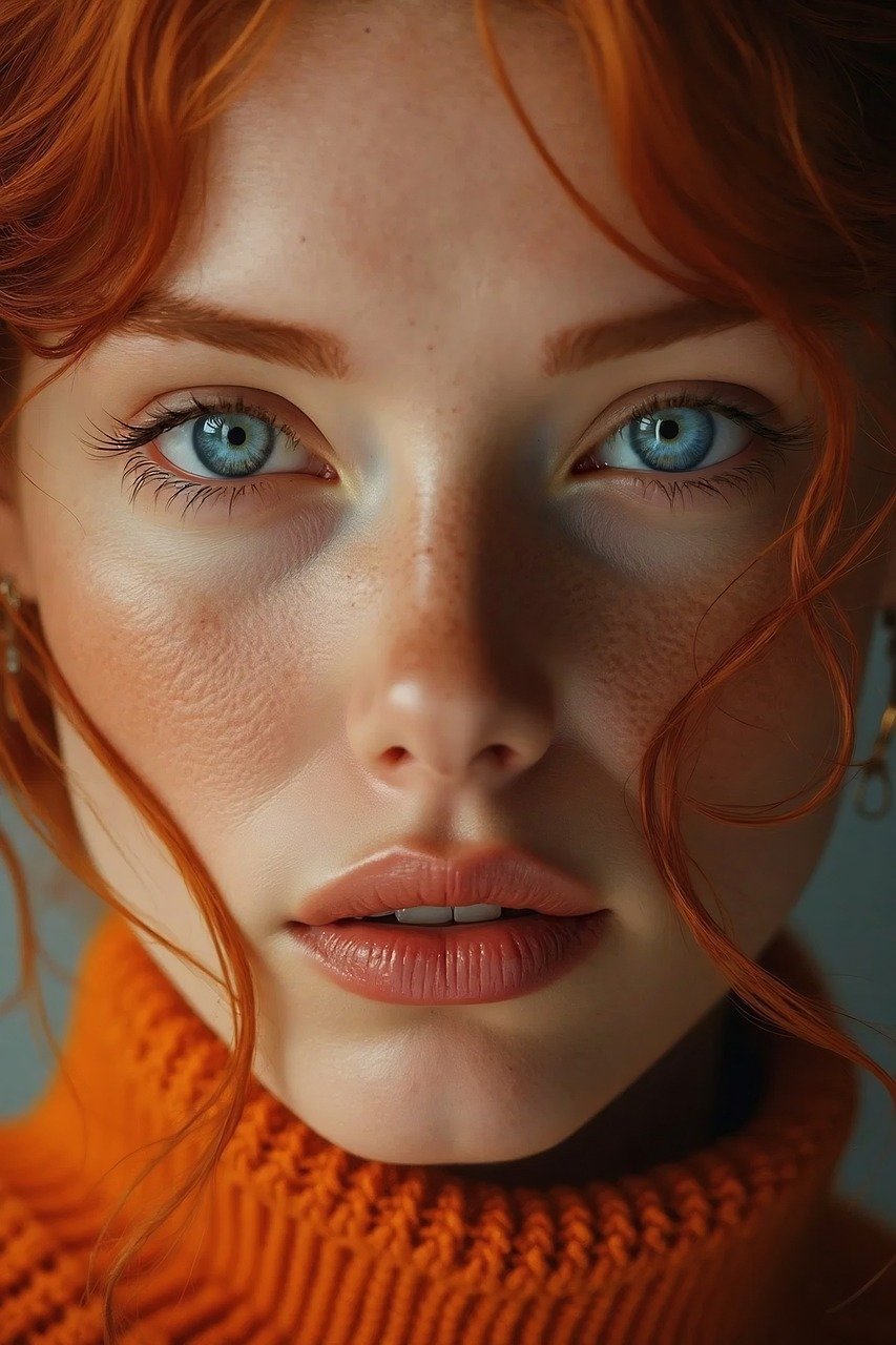 ai generated, woman, model, female, face, modeling, style, makeup, skin, hair, eyes, blue, redhead, portrait