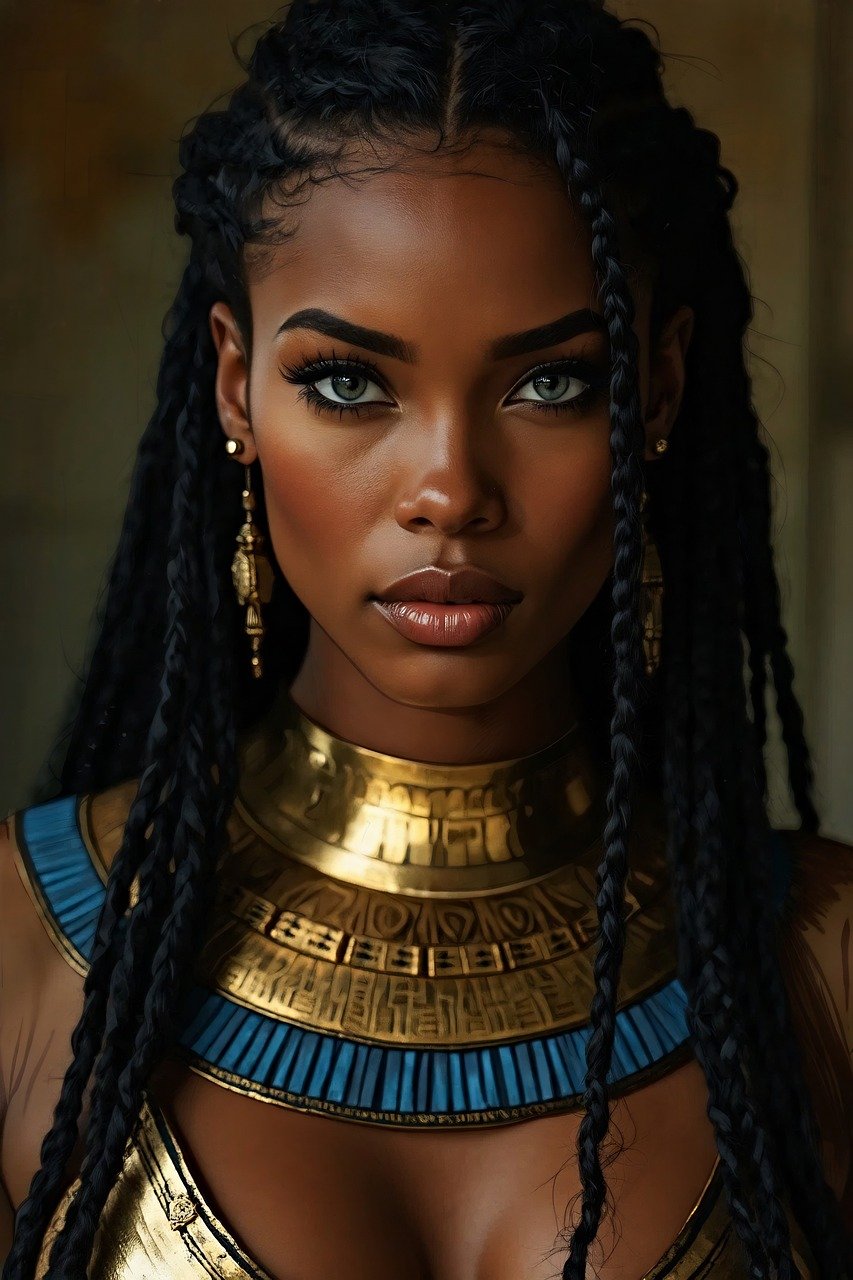 ai generated, woman, face, female, hair, egypt, princess, fantasy, queen, goddess, mythology, egyptian, hairstyle, elegant, portrait