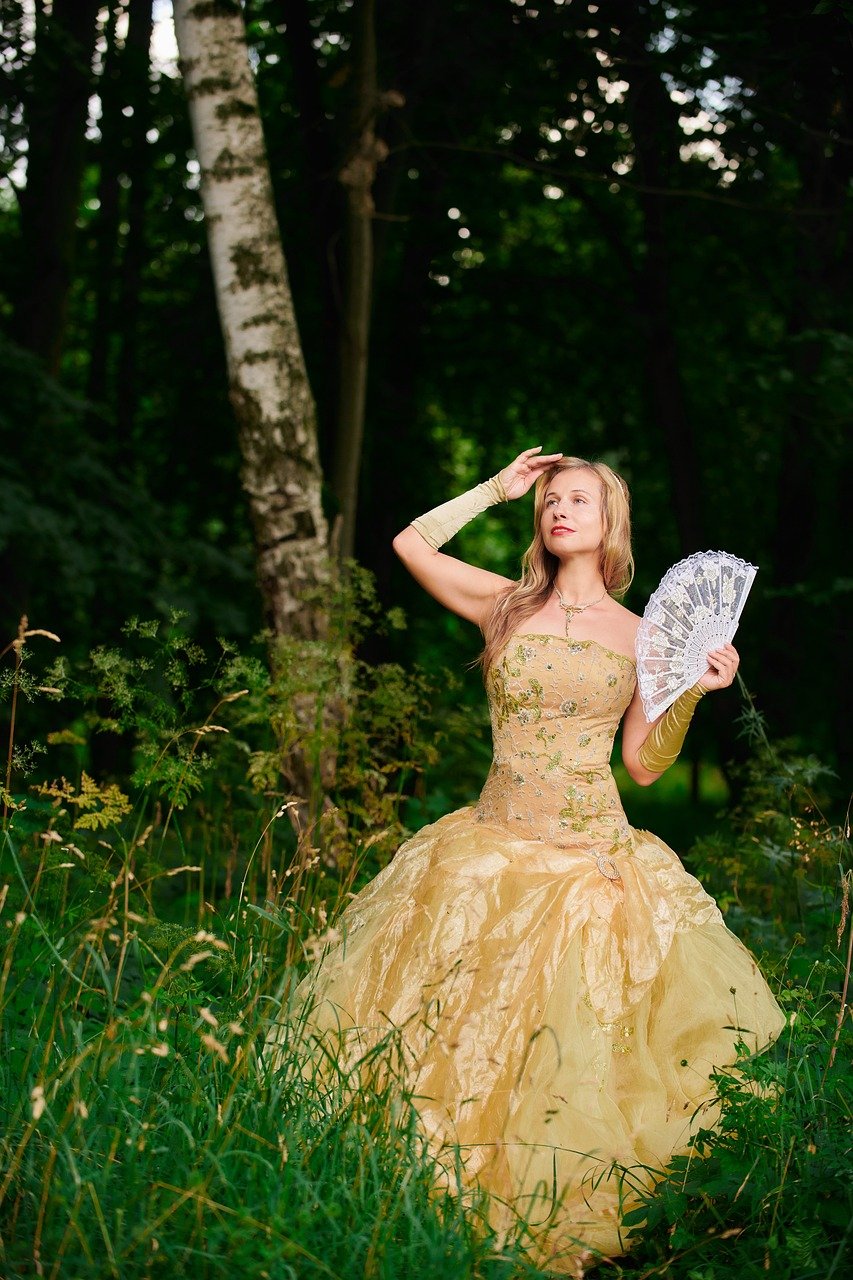 woman, ball gown, fan, know, aristocrat, lady, vintage, summer, nature, 19th century, promenade