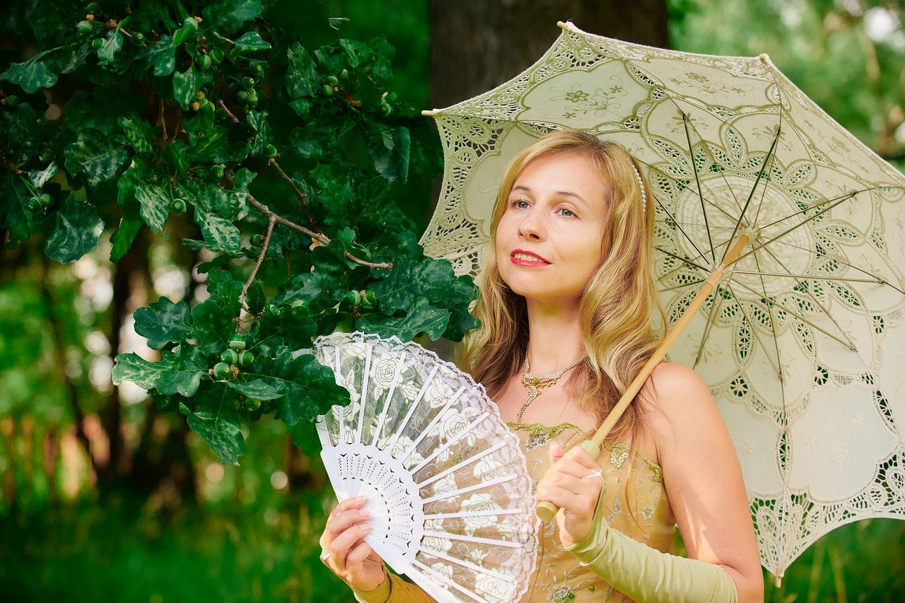 woman, baroness, countess, ball gown, fan, know, aristocrat, lady, vintage, summer, nature, 19th century, promenade, parasol, umbrella