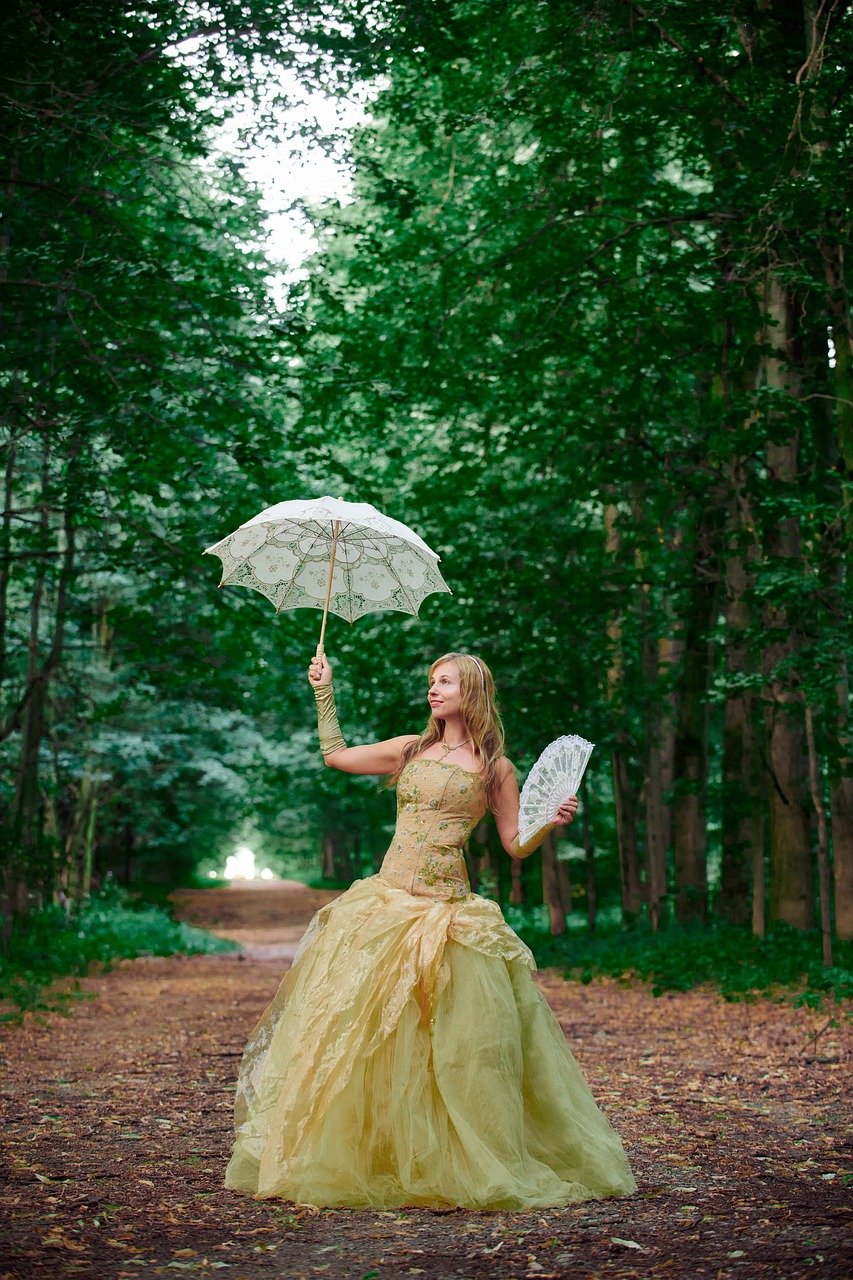 woman, baroness, countess, ball gown, fan, know, aristocrat, lady, vintage, summer, nature, 19th century, promenade, parasol, umbrella