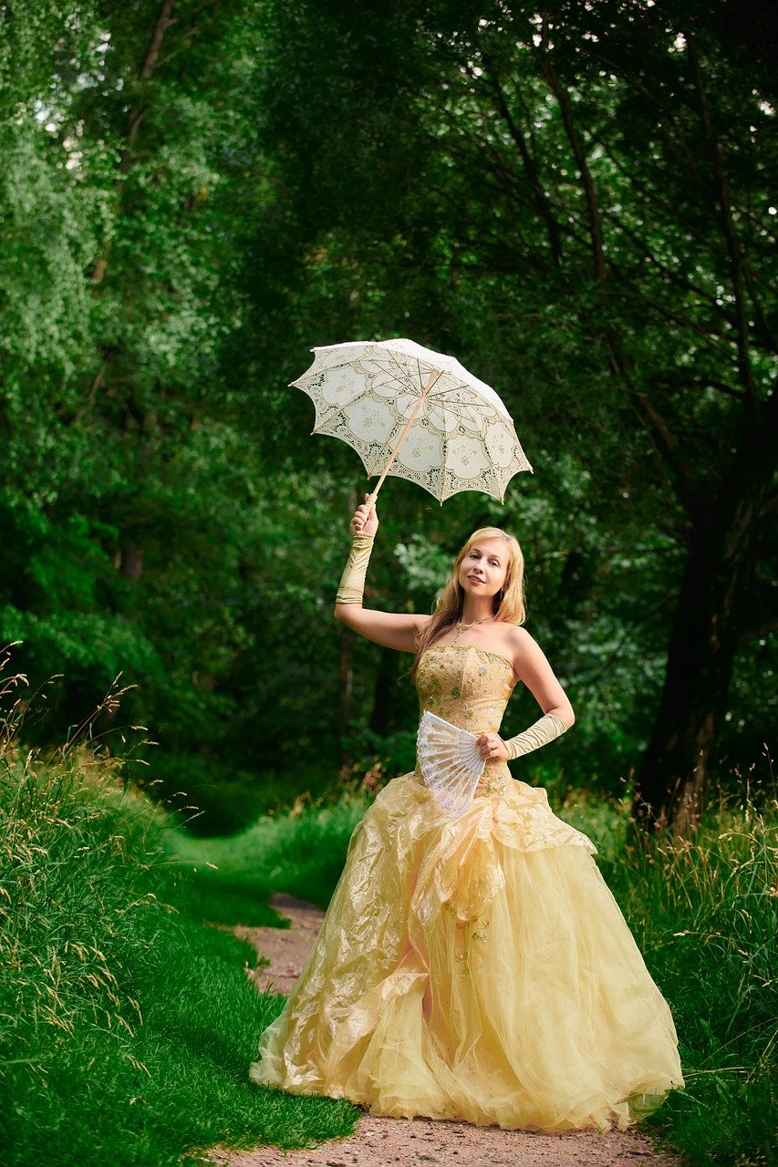 woman, baroness, countess, ball gown, fan, know, aristocrat, lady, vintage, summer, nature, 19th century, promenade, parasol, umbrella
