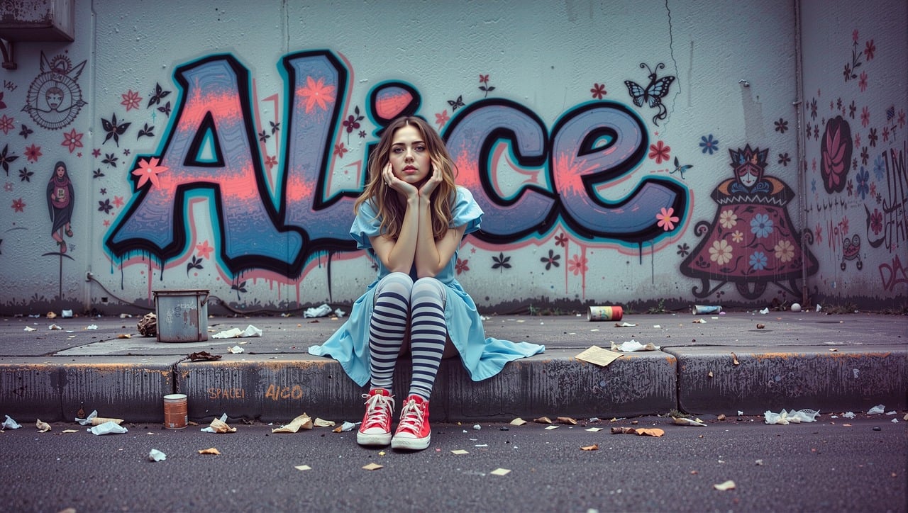 ai generated, alice, wonderland, urban, graffiti, streetart, young, woman, sitting, curb, lost, lonely, modern, surreal, emotion, melancholic, fairytale, story, fantasy, youth, rebellion, popculture, alternative, city, expression