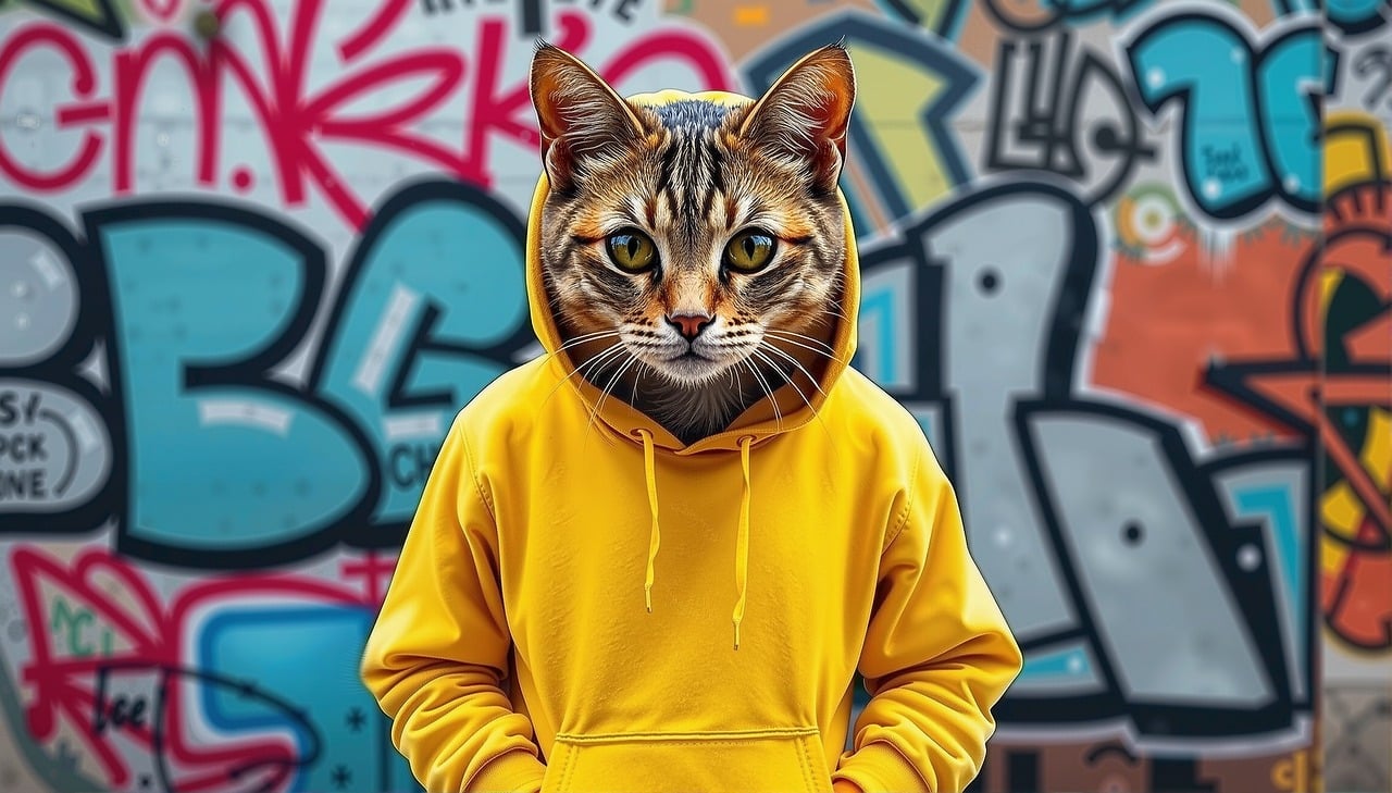 ai generated, cat, tabby, hoodie, graffiti, urban, street, animal, nature, portrait, confident, cool, generation, youth, mascot, vibrant, colourful, art, wall, streetart, hiphop, feline, character, anthropomorphic, pet, attitude, graphic