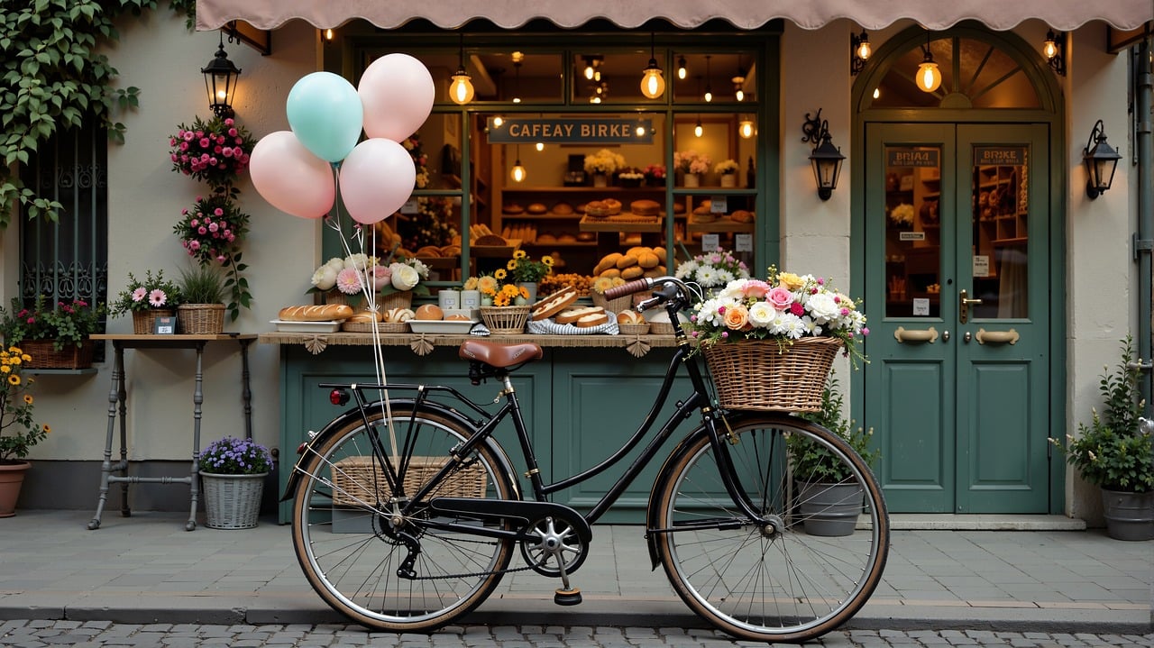 ai generated, bakery, bicycle, vintage, cozy, cafe, nature, flowers, balloons, european, charming, street, shop, quaint, pastries, bread, outdoor, urban, lifestyle, celebration, artisan, boutique, summer, romantic, peaceful, inviting