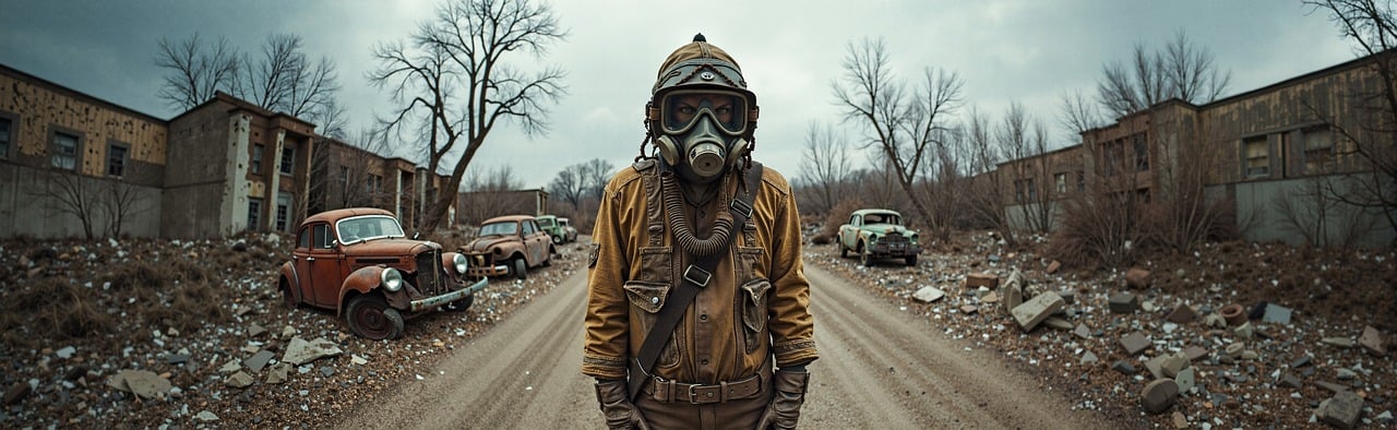 ai generated, apocalypse, post-apocalyptic, survivor, gasmask, desolate, ruin, dystopia, abandoned, road, weathered, danger, future, lonely, dramatic, cinematic, portrait, landscape, isolation, forgotten, urban, decay, solitude, environment