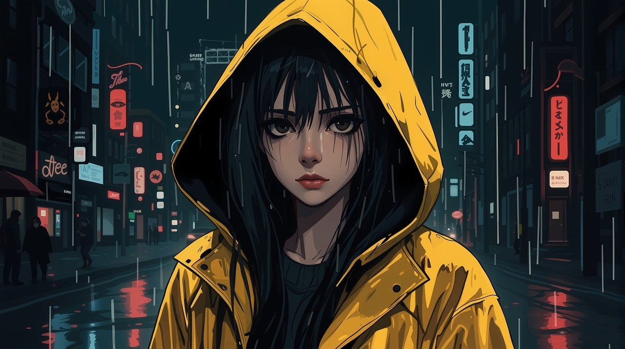 ai generated, cyberpunk, anime, woman, nature, sad, rain, neon, urban, street, lonely, night, emotion, portrait, cityscape, raincoat, tears, dramatic, futuristic, solitude, reflection, pensive, manga, digital, art, mood