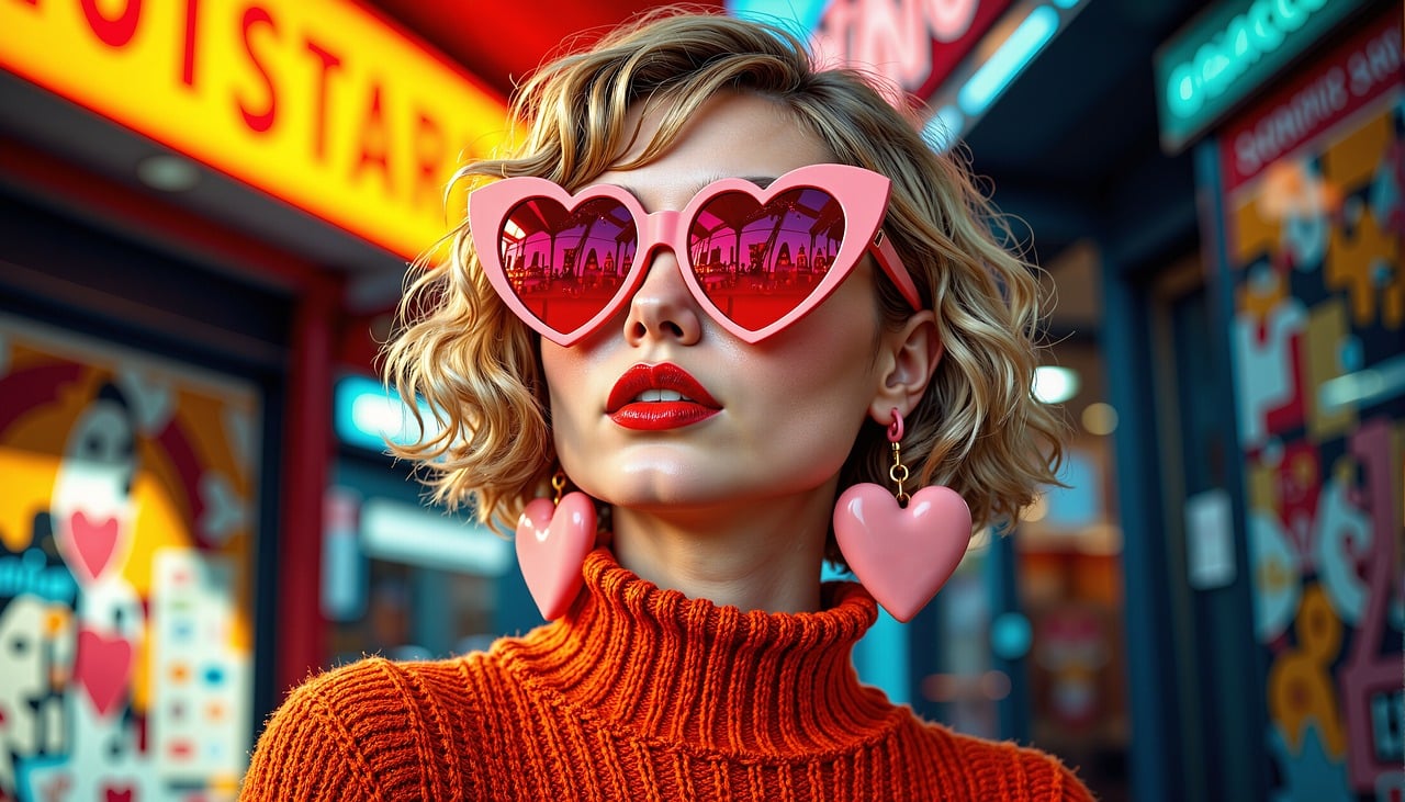 ai generated, woman, retro, fashion, sunglasses, heart, red, lips, vibrant, neon, urban, stylish, bold, chic, accessories, eyewear, reflection, colorful, modern, street, confident, cool, funky, statement, night