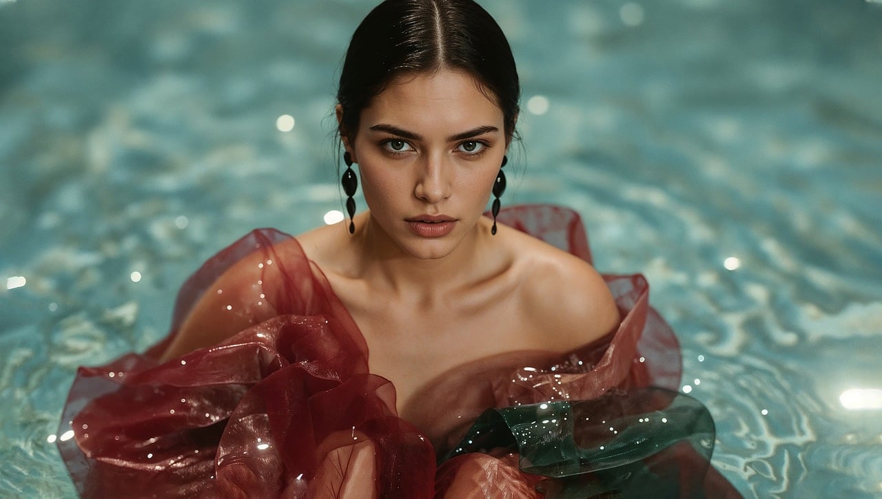 ai generated, woman, water, crimson, tall, nature, pose, model, fashion