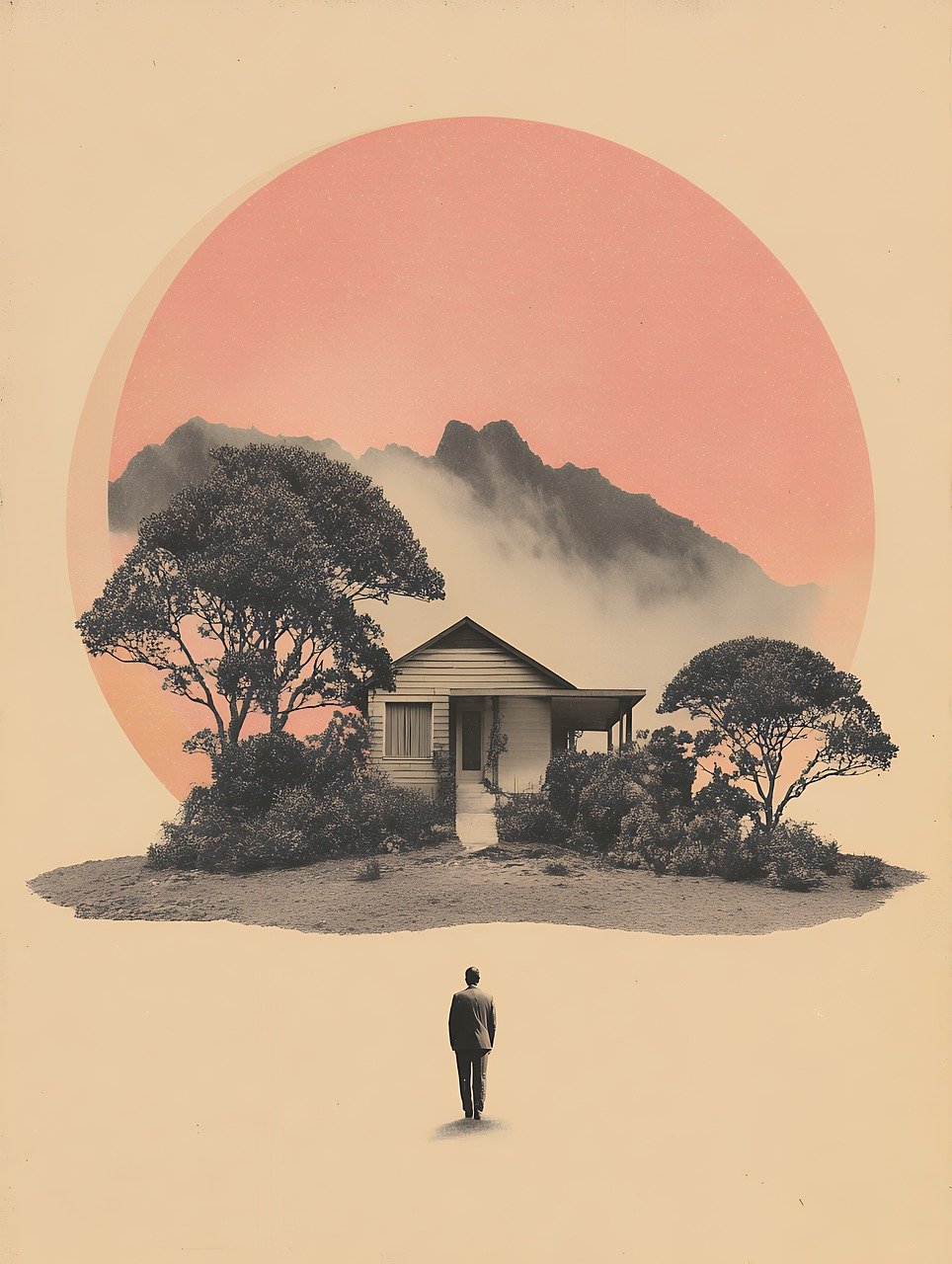 ai generated, minimal, landscape, silhouette, house, trees, mountains, sunset, circle, oriental, peaceful, tranquil, meditation, zen, nature, architecture, geometric, traditional, scenic, atmospheric, minimalist, figure, standing, rural
