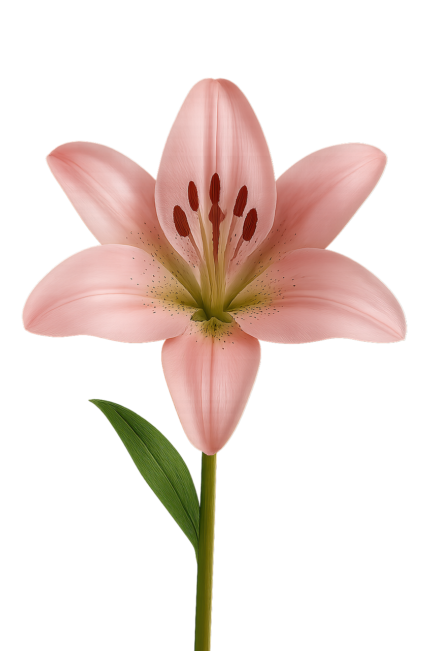 ai generated, lily, flower, plant, asiatic lily, bloom, pink flower, floral, nature, botanical, stamen, petal, macro, close up, garden, spring, summer, white background, cutout, isolated, ornamental, blossom, flora, green stem, leaf