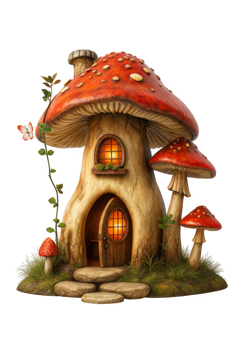 mushroom house, fantasy cottage, fairy tale home, whimsical mushroom art, enchanted house, magical forest home, fantasy dwelling, toadstool house, storybook cottage, fantasy illustration, cute mushroom building, enchanted cottage, woodland house, fantasy home design, fairy house, magical toadstool, fantasy architecture, enchanted home art, whimsical fairy house, fantasy game asset, mushroom dwelling, storybook home, magical forest dwelling, ai generated