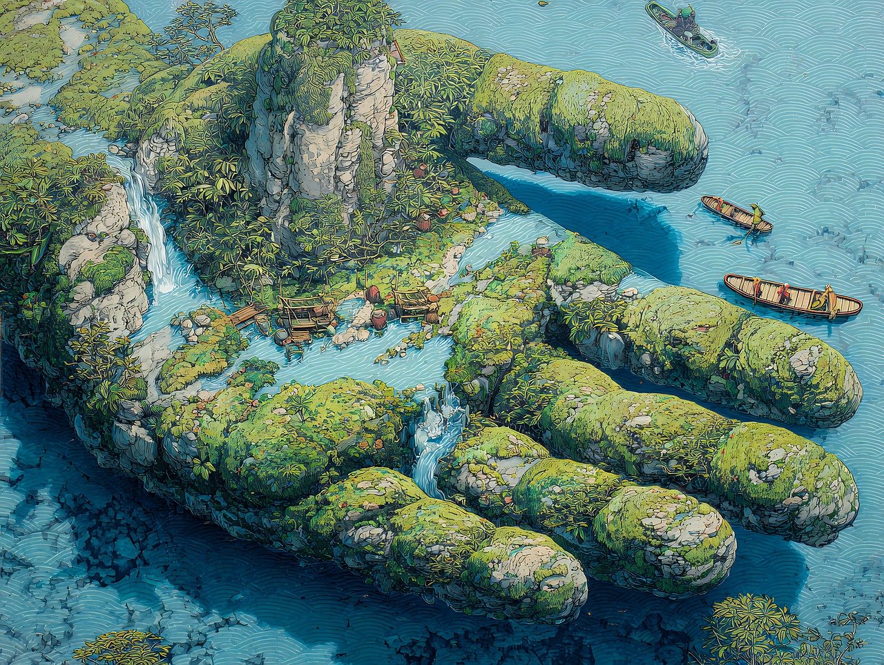 ai generated, island, hand, ocean, water, sea, nature, travel, tropical, paradise, vacation, summer, coast, shore, palm, trees, vegetation, green, blue, boats, sky, tourism, adventure, scenic, landscape