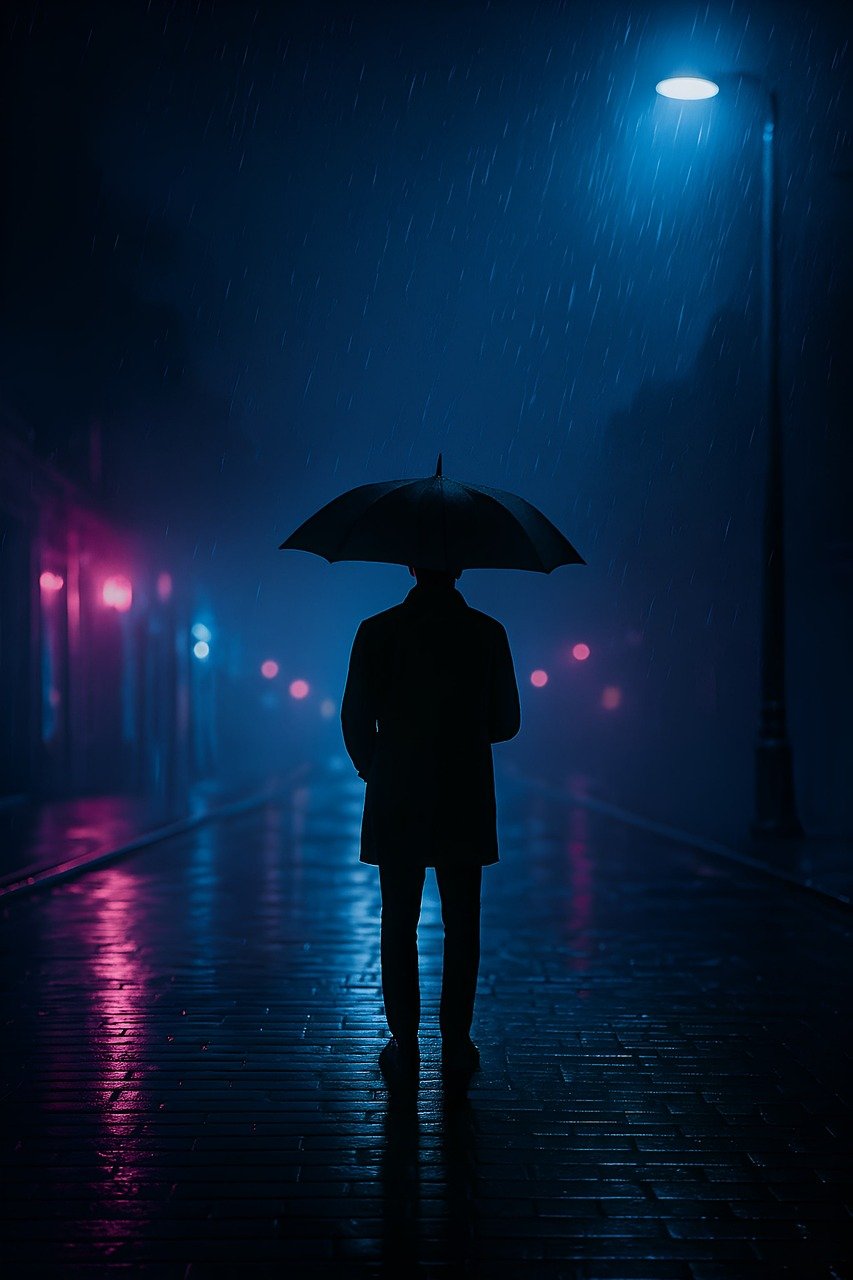 ai generated, umbrella, rain, woman, business, businessman, people, storm, sea, weather, fashion, walk, silhouette, beach, walking, black, person, sky, autumn, nature, city, street, outdoors, concept, ocean