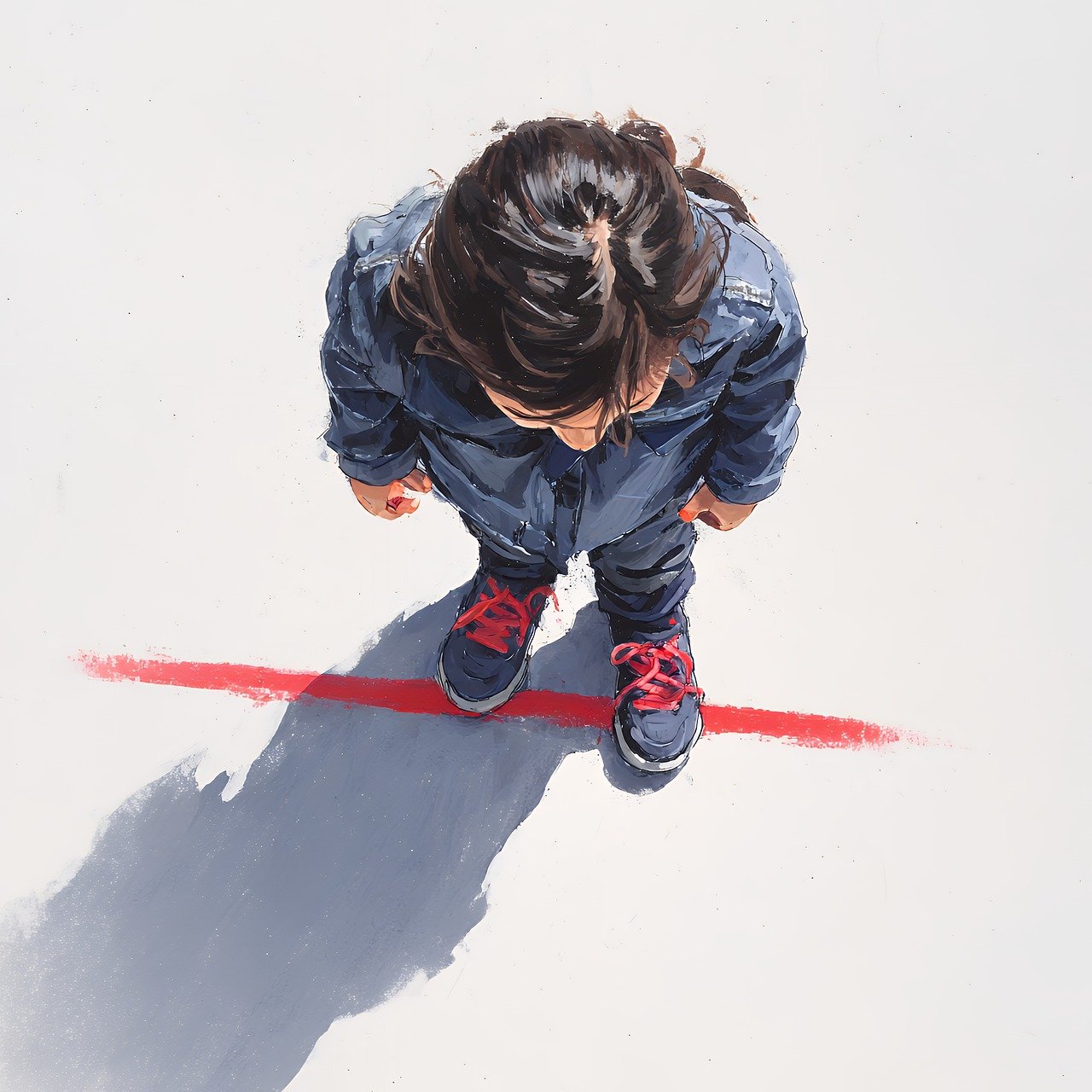 ai generated, aerial, looking, down, denim, jacket, blue, red, sneakers, shoes, shadow, line, minimal, white, background, fashion, style, urban, youth, casual, contemporary, standing, perspective, geometric, composition