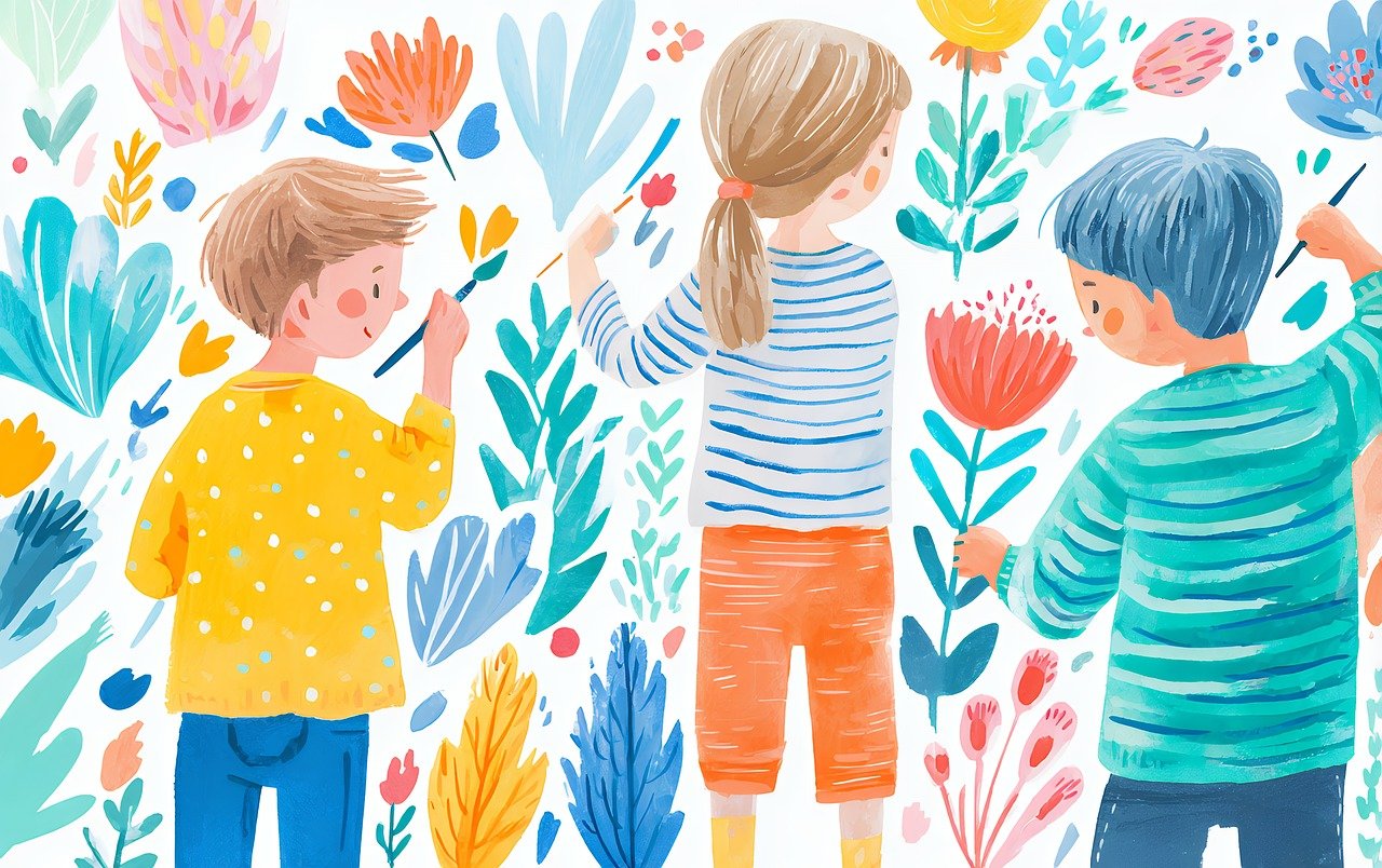 trädgård, blommig, nyckfull, blommor, botanisk, vattenfärg, teckning, konstnärlig, lekfull, färgrik, natur, upptäckt, att utforska, gul, blå, orange, randig, mönster, utomhus, vår, sommar, bloom, växter, löv, ai genererad