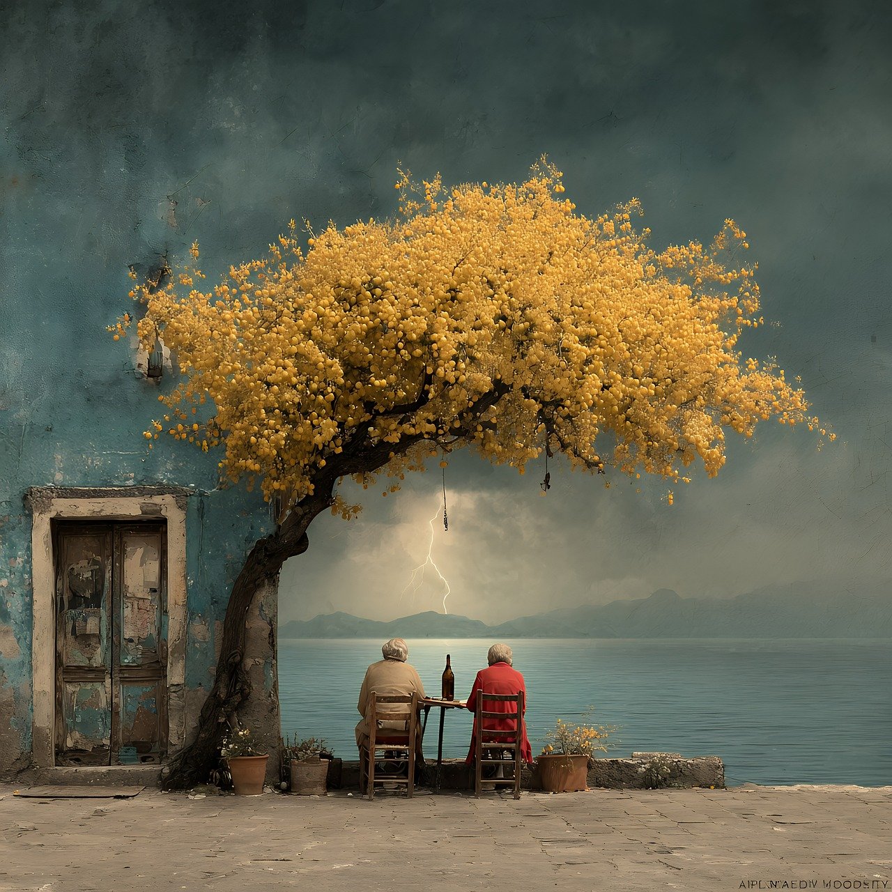 people, tree, sea, ocean, coast, sitting, outdoor, landscape, nature, together, friendship, elderly, aged, wine, bottle, building, architecture, sky, clouds, storm, weather, lightning, branch, leaf, ai generated