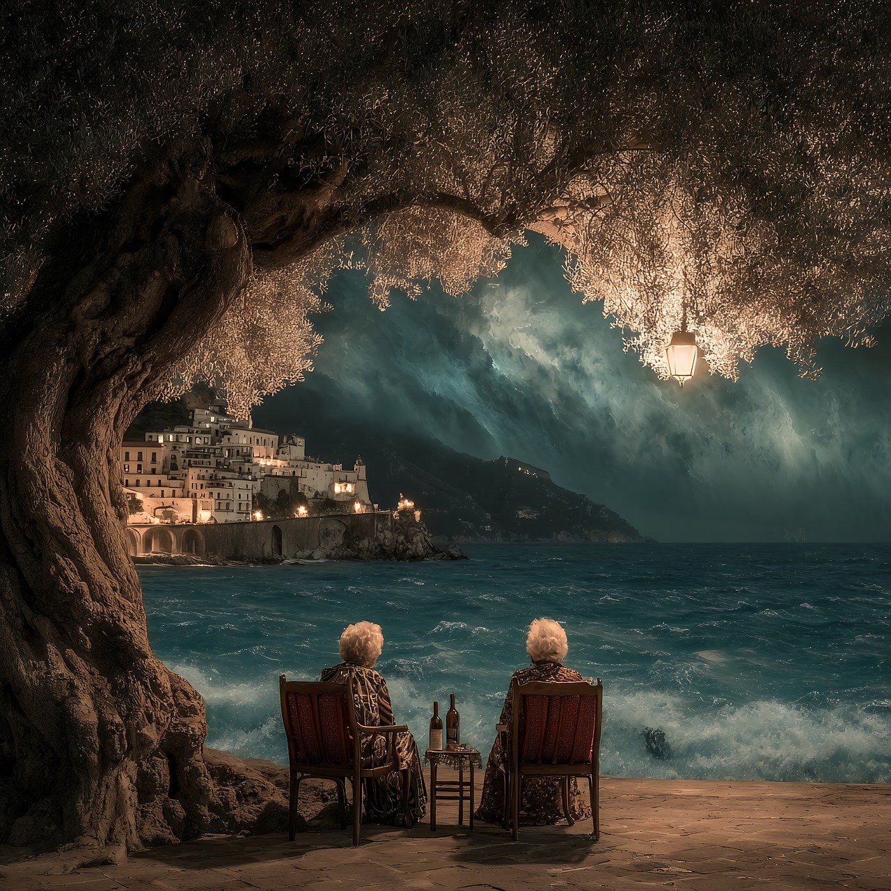 women, senior, tree, relaxation, beach, chairs, elderly, coast, vacation, travel, water, nature, landscape, together, tourism, tranquility, shore, ocean, peaceful, calm, retirement, lifestyle, scenic, idyllic, ai generated