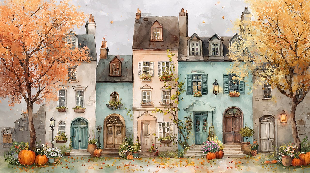houses, autumn, pumpkins, row, colorful, architecture, nature, building, fall, season, trees, street, neighborhood, exterior, facade, home, residential, decoration, landscape, urban, town, city, style, vintage, retro, ai generated