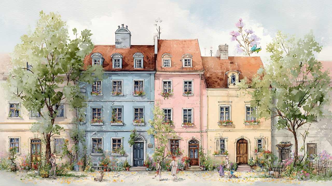 watercolor, painting, houses, row, colorful, architecture, buildings, trees, city, urban, nature, street, art, drawing, facade, exterior, residential, real, estate, apartments, neighborhood, design, style, vintage, retro, ai generated