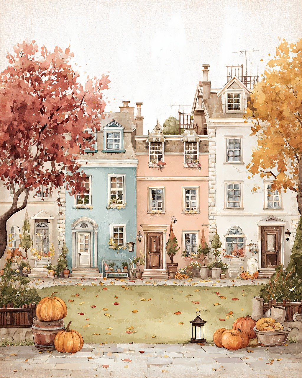 watercolor, painting, houses, autumn, architecture, colorful, building, street, town, facade, home, exterior, residential, neighborhood, fall, trees, foliage, pumpkins, decoration, season, landscape, art, design, vintage, ai generated