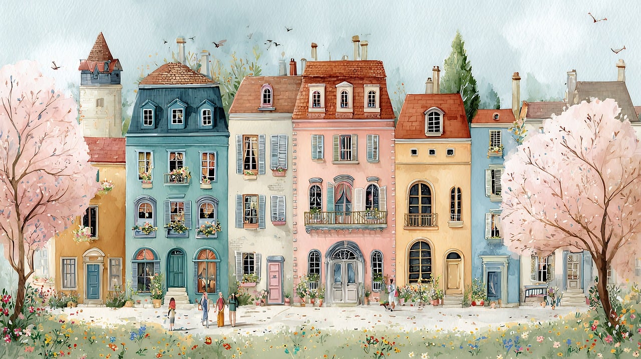 watercolor, painting, buildings, architecture, houses, europe, colorful, facade, street, town, city, travel, tourism, art, artistic, drawing, design, exterior, urban, residence, residential, home, apartment, windows, ai generated
