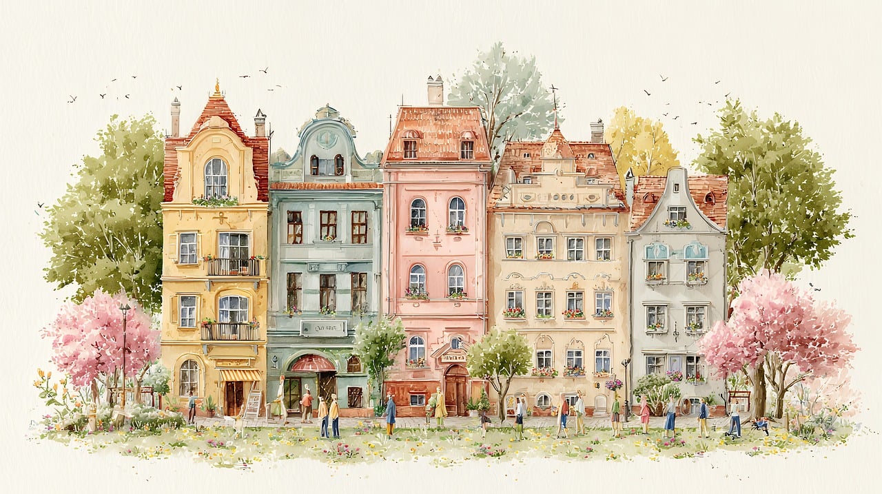 watercolor, painting, buildings, architecture, houses, europe, street, cityscape, facade, art, town, urban, colorful, trees, spring, nature, landscape, travel, drawing, exterior, design, building, artistic, old, vintage, ai generated