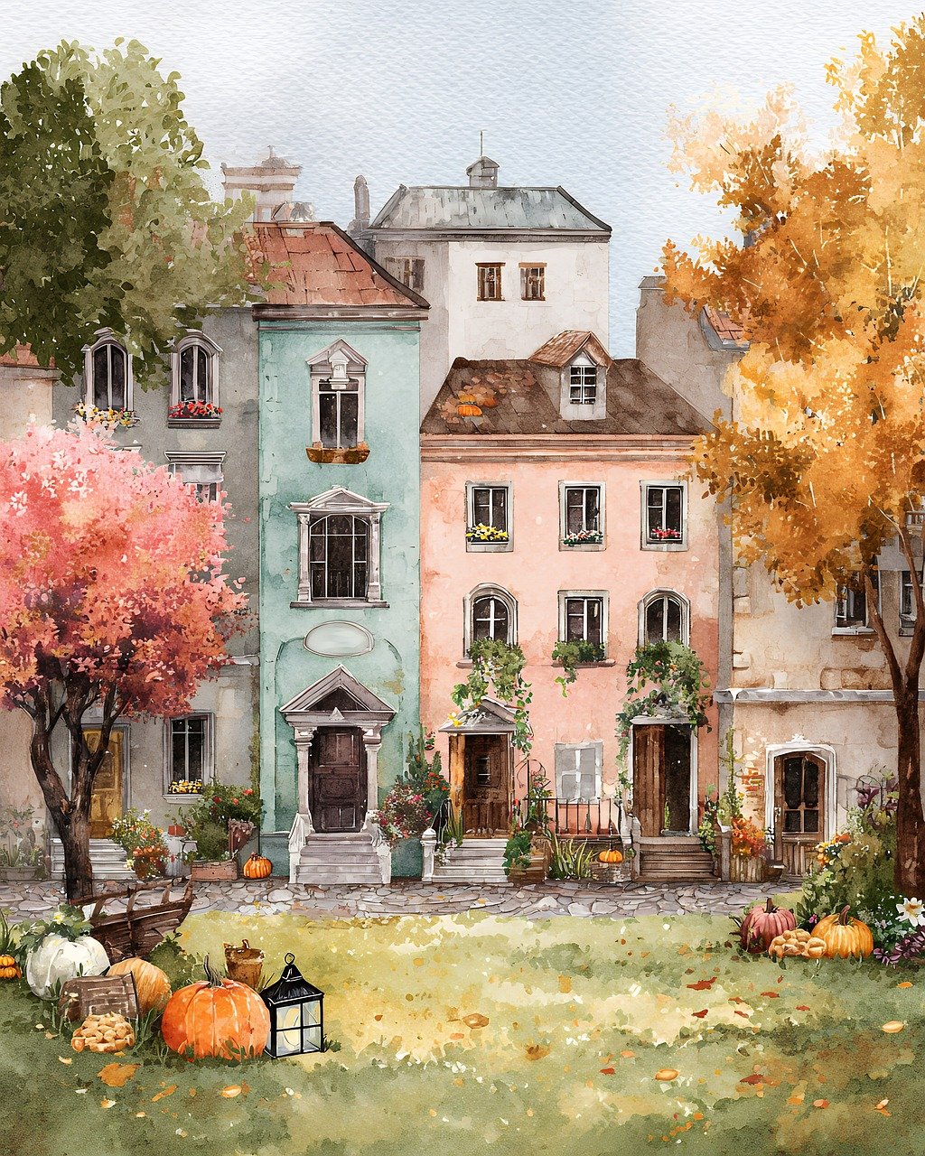 watercolor, painting, town, autumn, europe, nature, buildings, architecture, fall, season, art, artistic, village, houses, facade, exterior, street, scene, cityscape, neighborhood, pumpkins, leaves, trees, colorful, foliage, ai generated