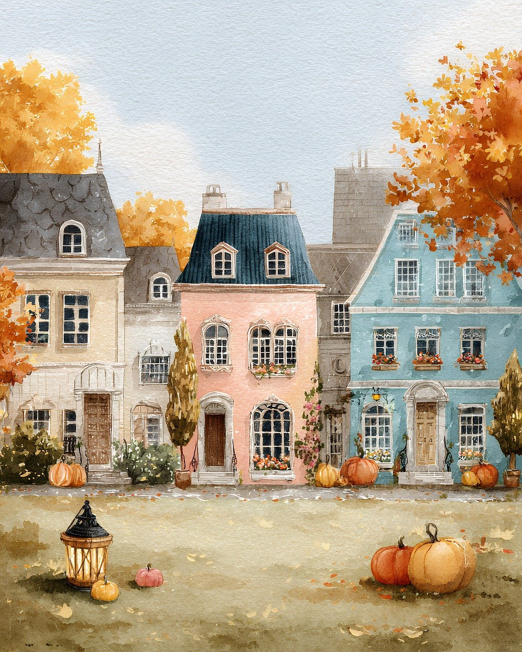 watercolor, painting, houses, autumn, fall, pumpkins, village, street, building, architecture, home, season, foliage, colorful, yellow, orange, pink, blue, facade, exterior, residential, neighborhood, decoration, art, ai generated