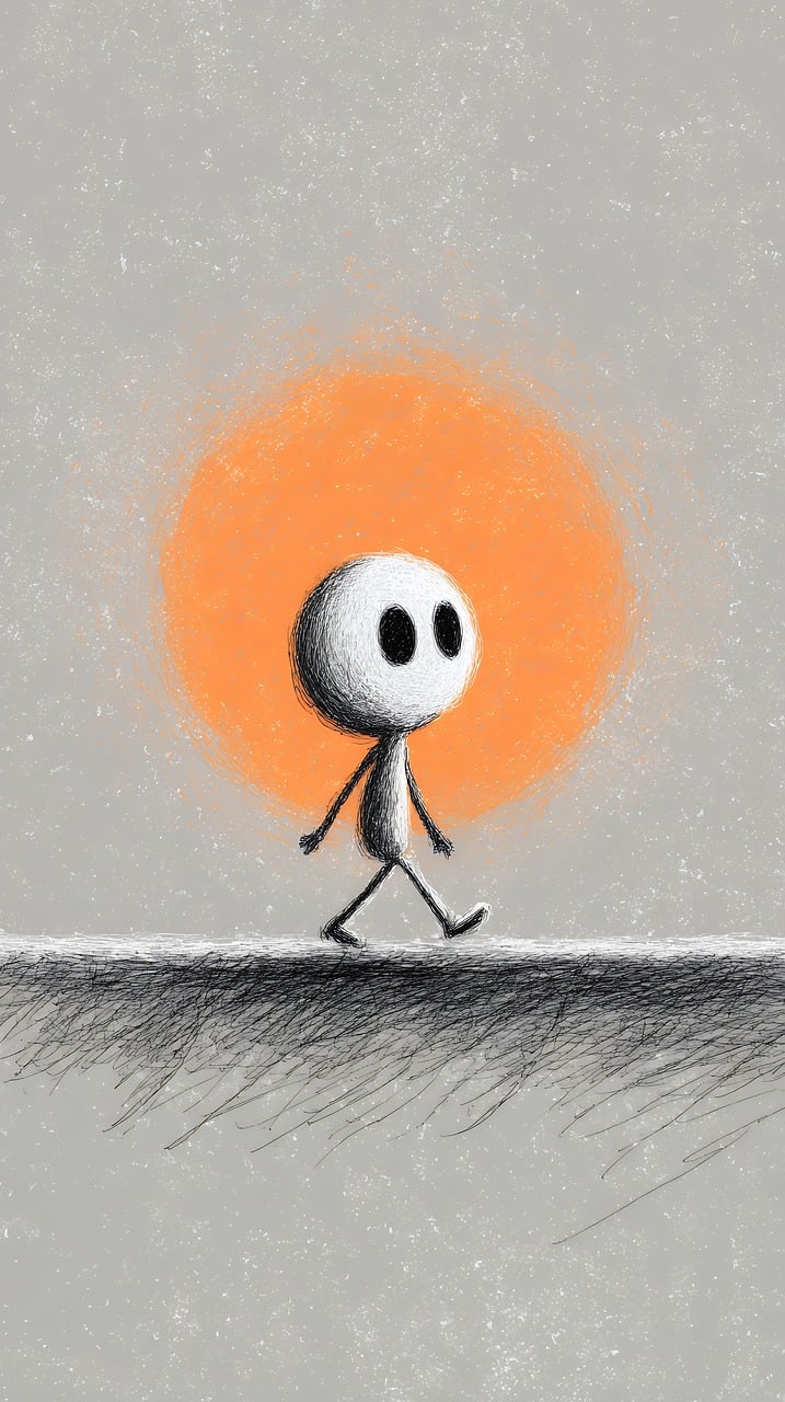 tekenfilm, figuur, wandelen, karakter, kunst, tekening, ontwerp, schattig, gemakkelijk, minimale, alleen, concept, eenzaamheid, reis, avontuur, reizen, exploratie, weg, schaduw, pad, grafisch, achtergrond, surrealistisch, ai gegenereerd