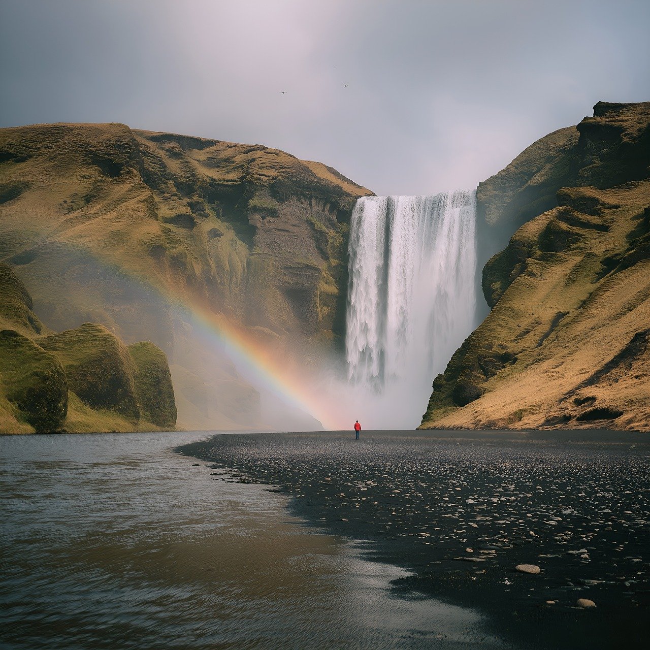 vandfald, regnbue, landskab, skógafoss, island, natur, rejse, sort sand, eventyr, ai genereret
