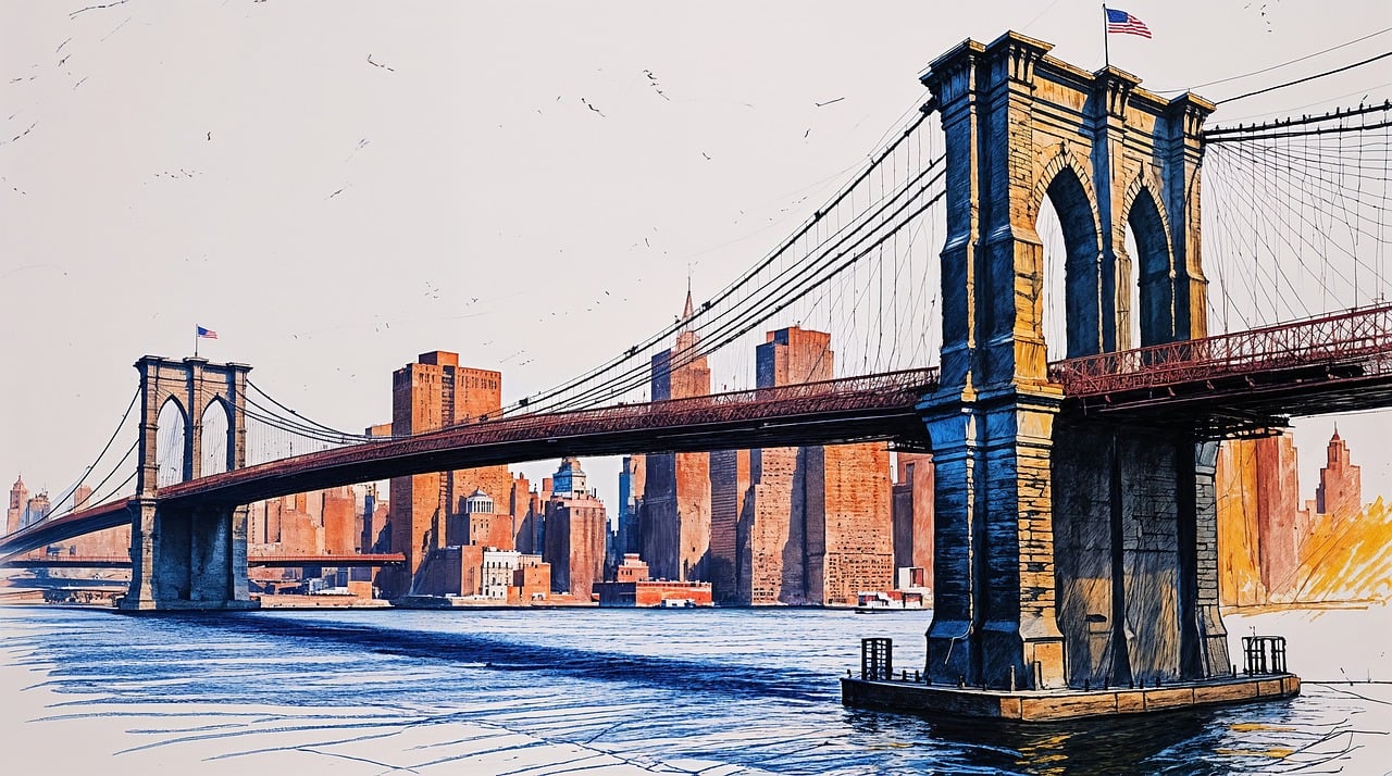 brooklyn bridge, new york city, skyline, urban, architecture, sketch, watercolor, ink, vibrant, water, reflection, iconic, landmark, historic, cityscape, buildings, towers, cables, metropolitan, artistic, nature, ai generated