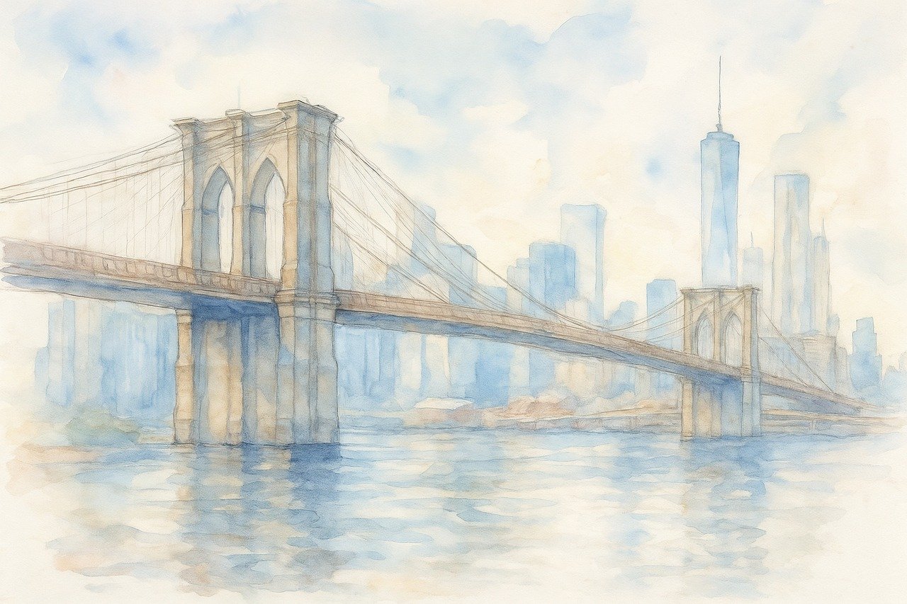 brooklyn bridge, new york city, skyline, urban, architecture, sketch, watercolor, ink, vibrant, water, reflection, iconic, landmark, historic, cityscape, buildings, towers, cables, metropolitan, artistic, ai generated
