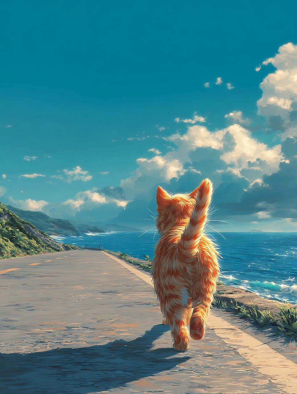 ai generated, cat, road, ocean, sea, animal, pet, tabby, orange, sky, blue, clouds, walking, away, coast, travel, adventure, journey, nature, mammal, domestic, feline, cute, striped, vacation