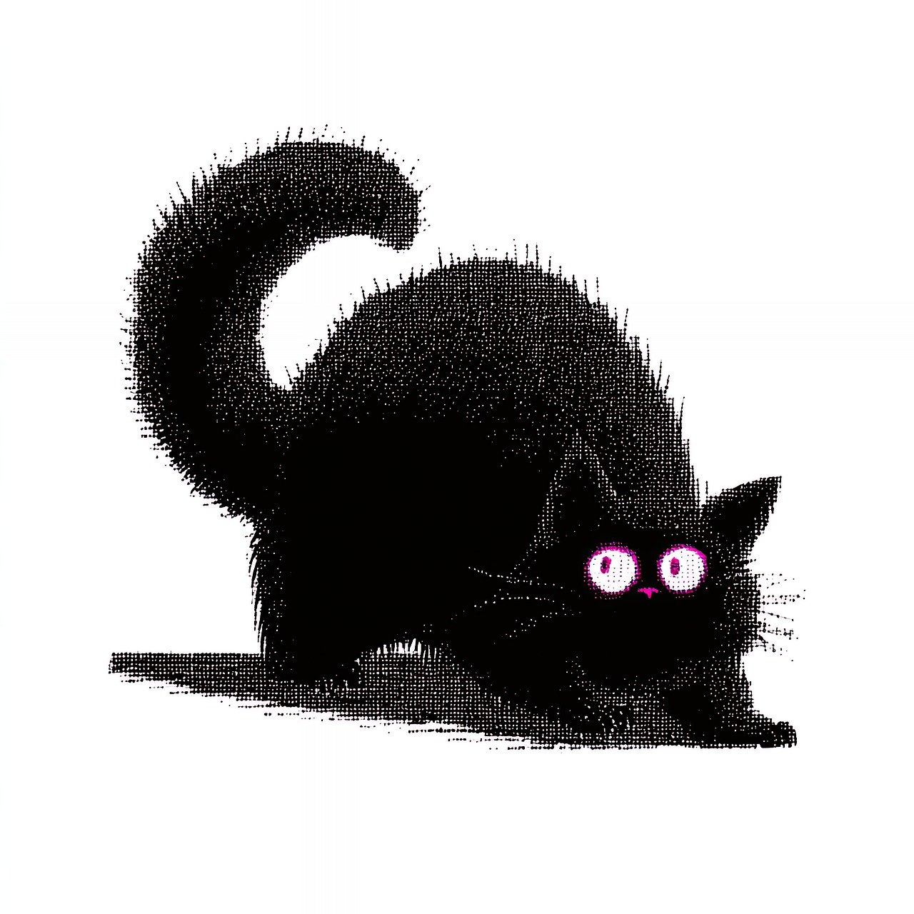 ai gegenereerd, kat, zwart, tekenfilm, dier, huisdier, schattig, ogen, gloeiend, gebogen, rug, pluizig, bakkebaarden, schaduw, grappig, natuur, speels, tekening, katachtig, huiselijk, zoogdier, karakter, achtergrond