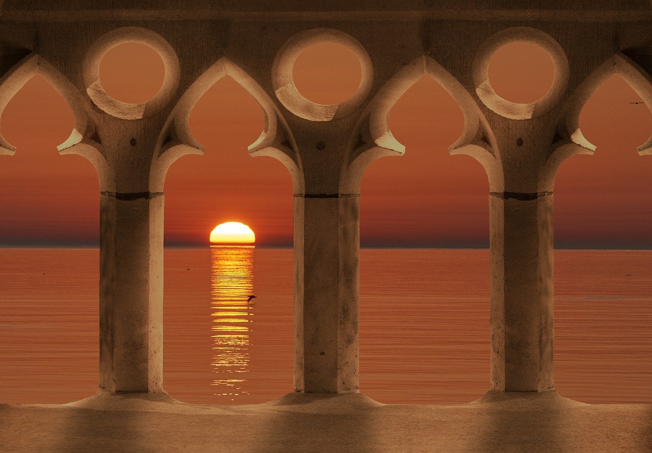 sunset, nature, sky, dusk, twilight, ocean, sea, horizon, seascape, scenery, evening, scenic, balcony, architecture, building, gothic, view, relaxing, calm, copy space, greeting card