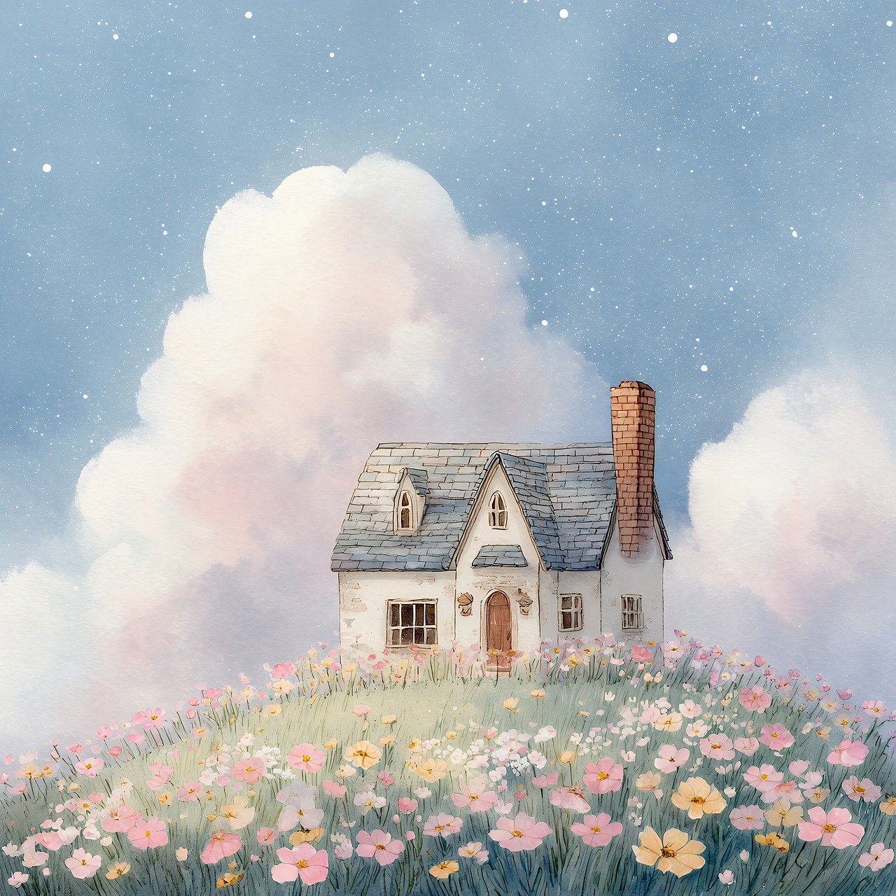 ai generated, house, home, flowers, hill, clouds, sky, dream, cottage, peaceful, tranquil, meadow, nature, landscape, cute, sweet, garden, floral, summer, spring, rural, countryside, idyllic, charming