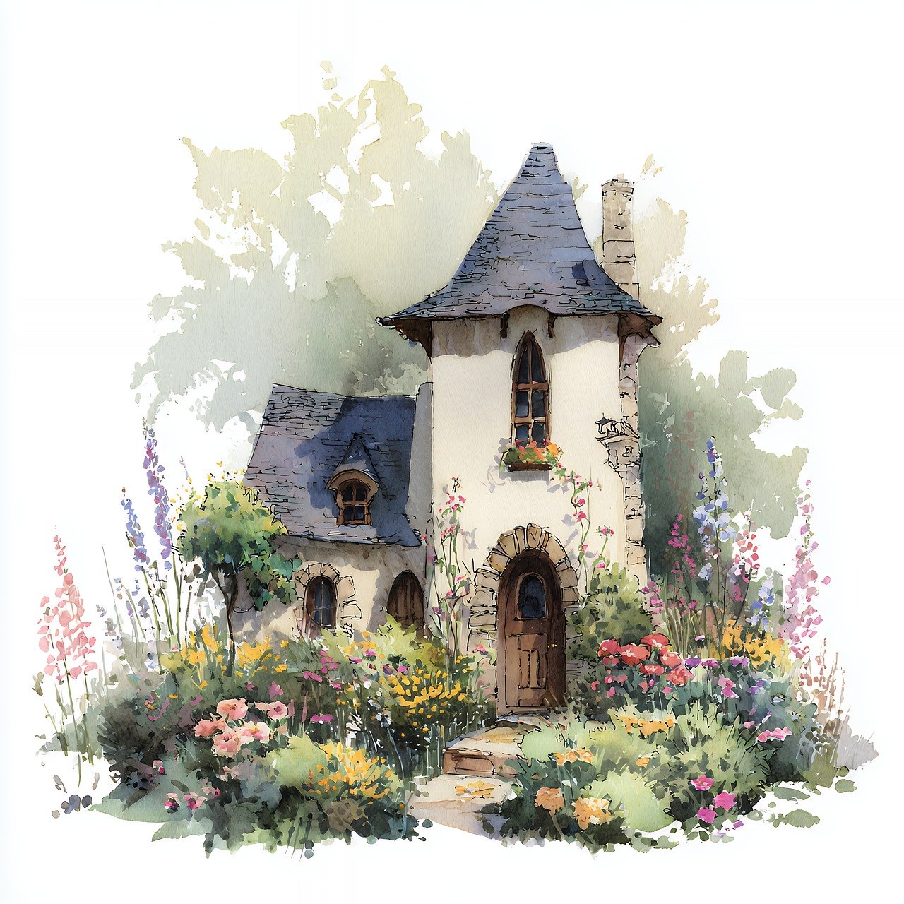 cottage, flowers, fairy, tale, garden, house, architecture, building, floral, whimsical, fantasy, art, fairytale, home, nature, plants, exterior, design, landscape, drawing, watercolor, colorful, bloom, blooming, ai generated