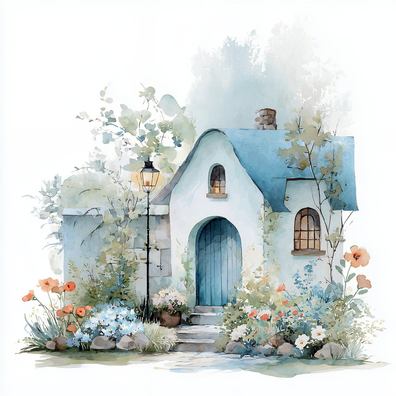 cottage, house, watercolor, painting, art, home, architecture, building, flowers, garden, nature, floral, design, exterior, residence, countryside, estate, facade, picturesque, quaint, romantic, rural, serene, summer, ai generated